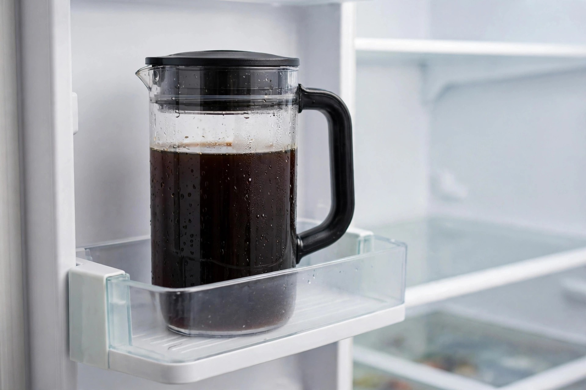 Black-lidded cold brew pitcher in a fridge door shelf
