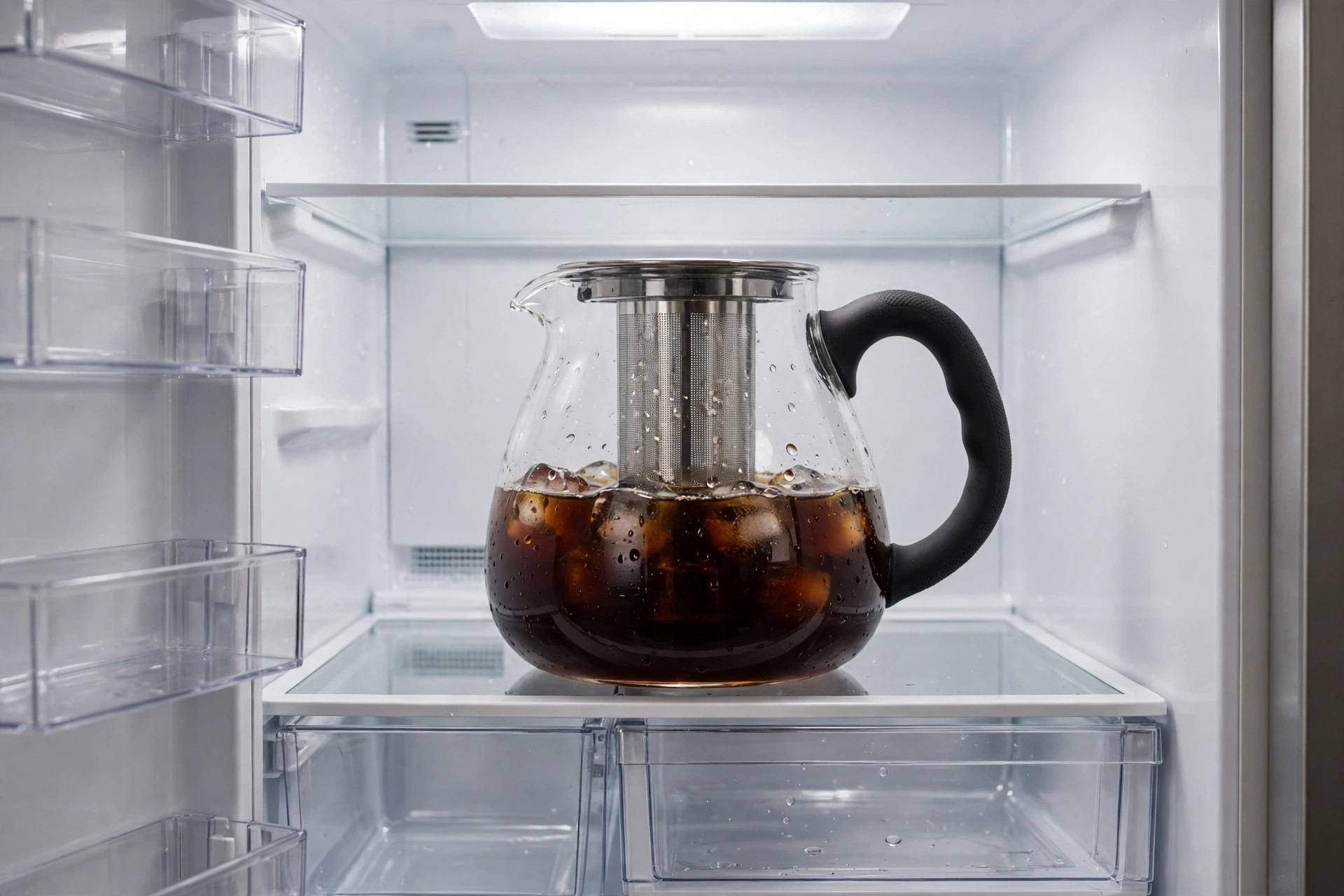 Glass cold brew pitcher with a mesh filter core and handle