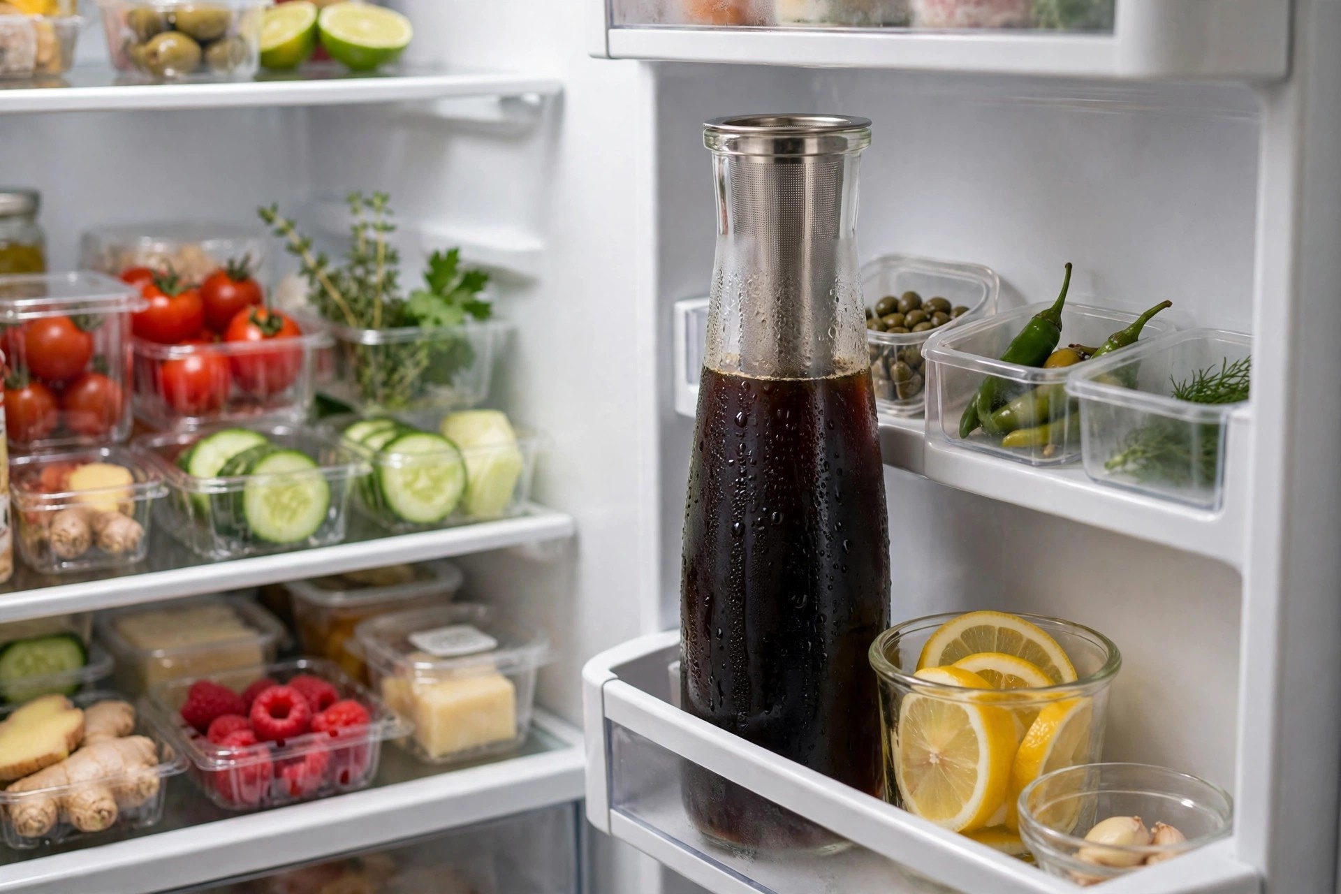 Glass cold brew pitcher with a fine steel filter on a narrow shelf