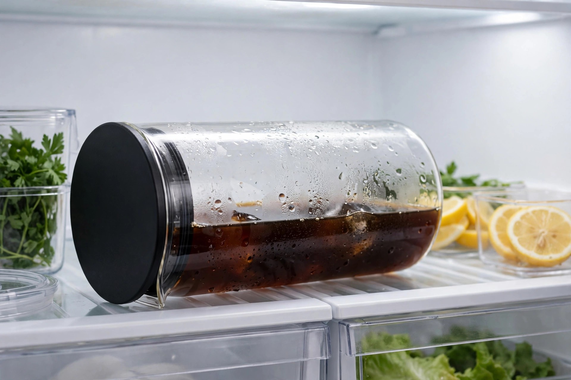 Tall cold brew pitcher lying on its side on a fridge shelf