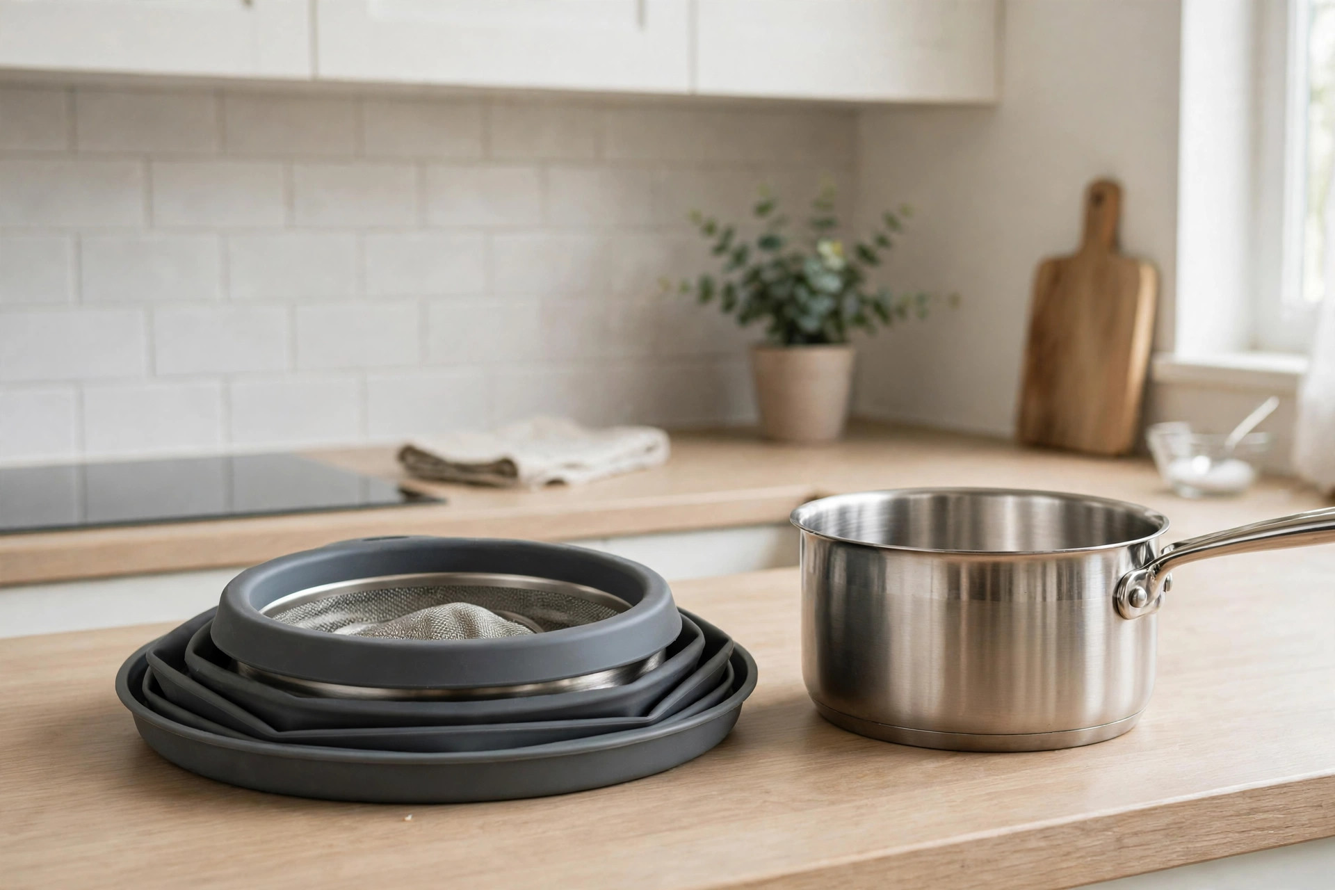 Collapsible colander folded flat beside a stainless steel saucepan