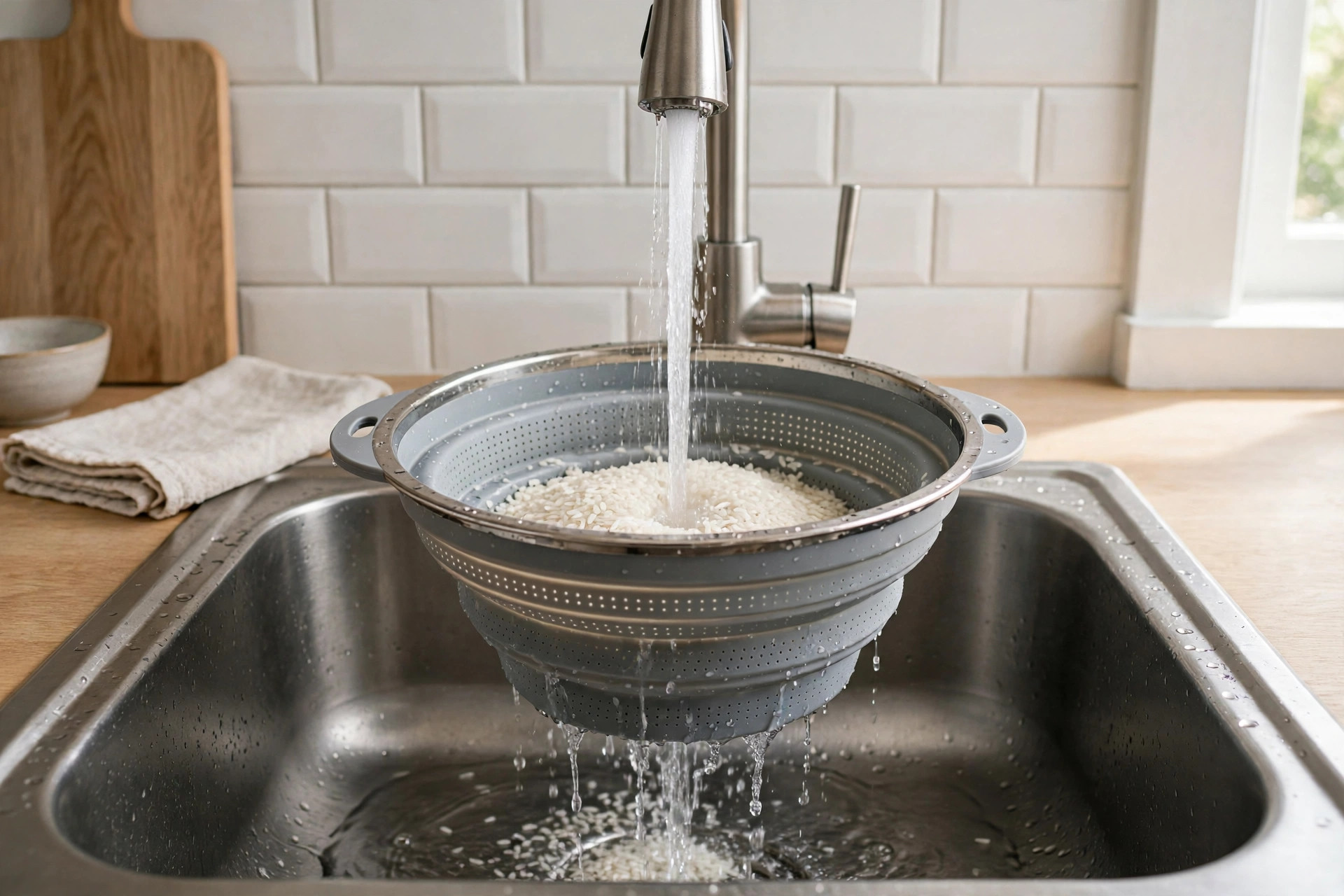 Fine-hole collapsible colander rinsing white rice under a faucet