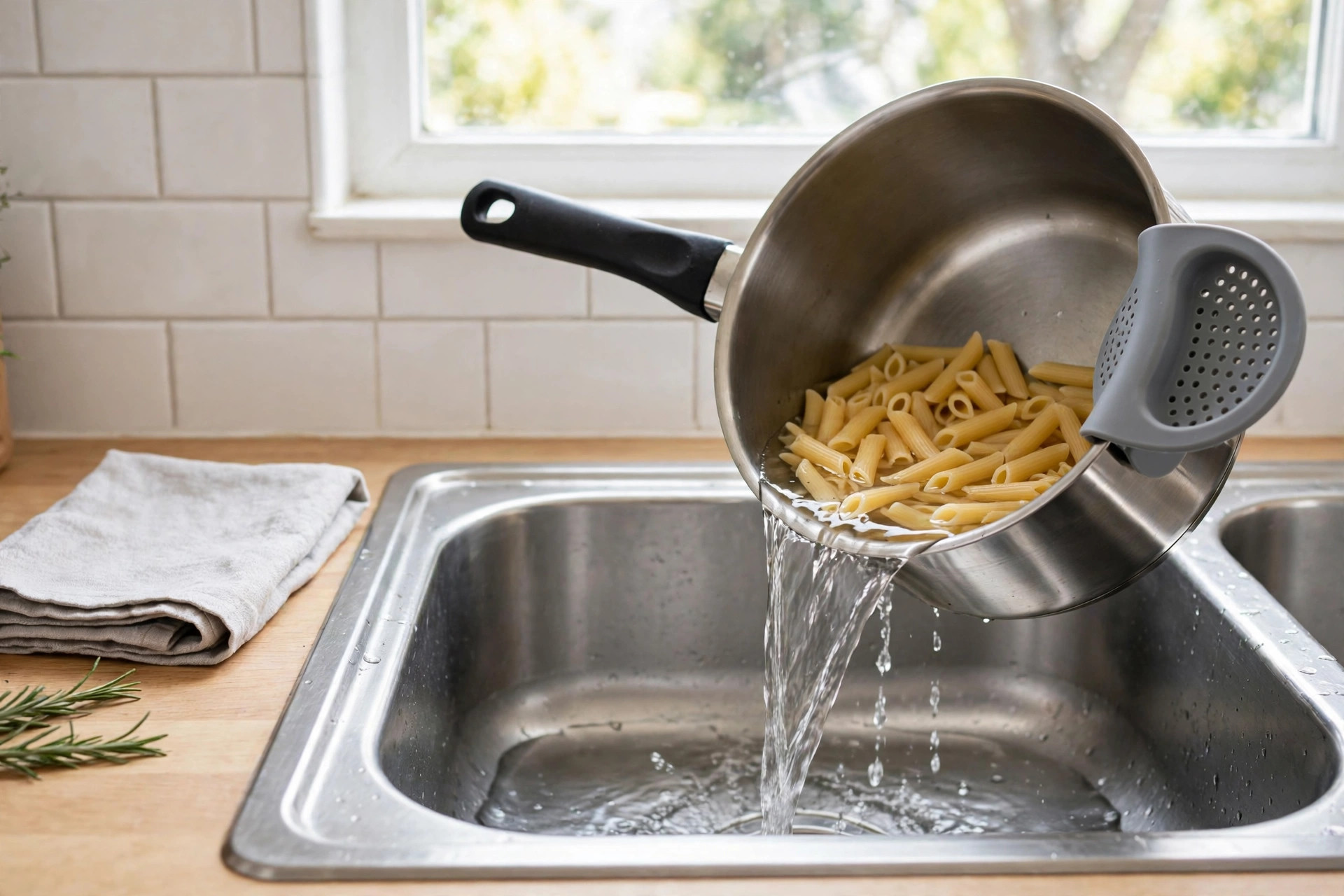 Clip-on silicone pot strainer on a saucepan tilted over a sink, draining pasta water
