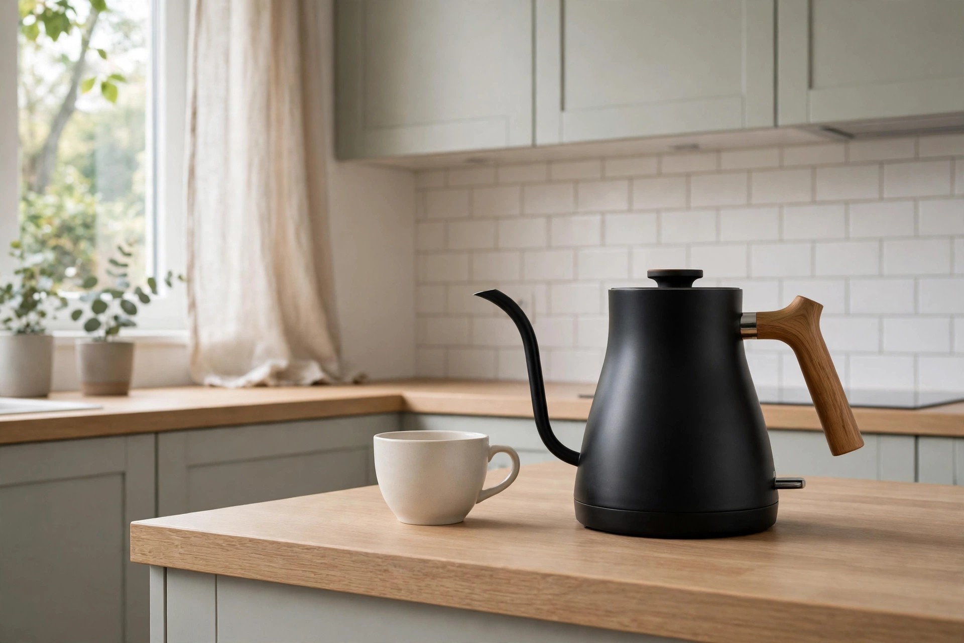 Black gooseneck electric kettle with a wooden handle beside a tea cup