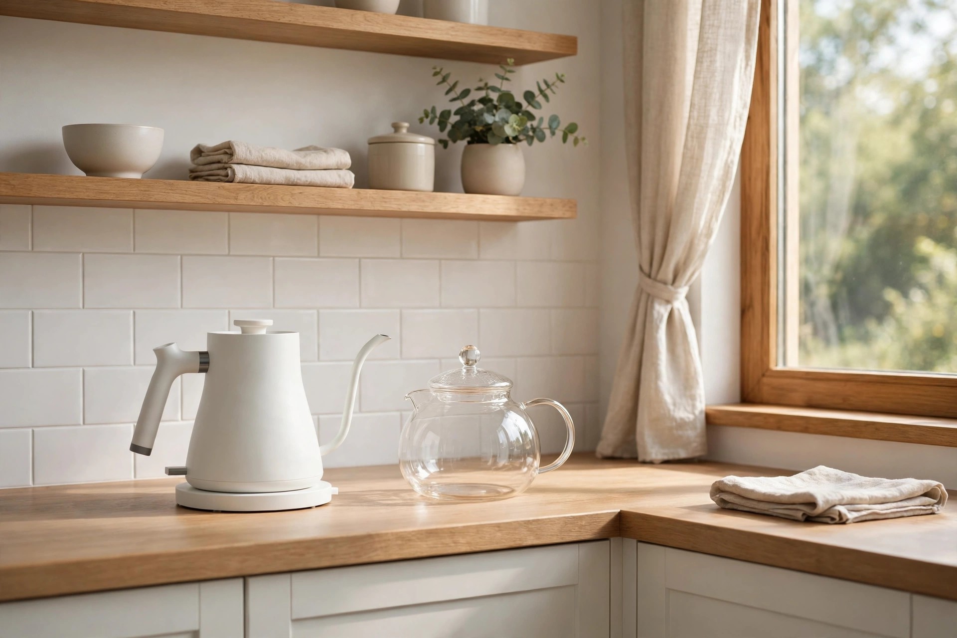 White gooseneck electric kettle beside a glass teapot