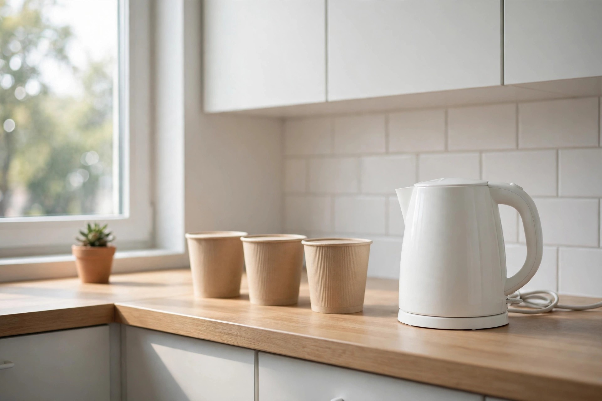 Plain white 1 liter electric kettle beside plain noodle cups