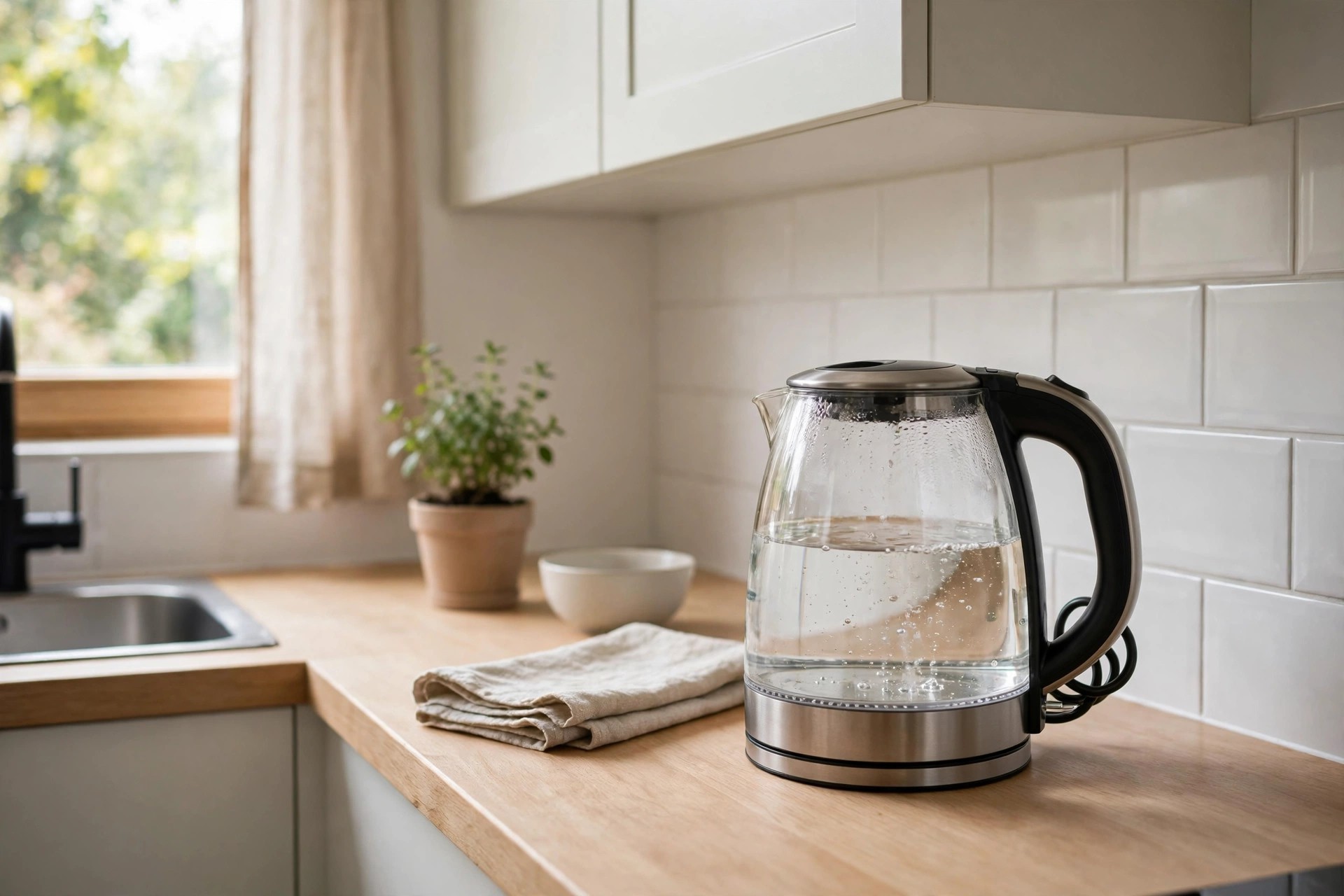 Clear glass electric kettle with water inside on a tidy counter