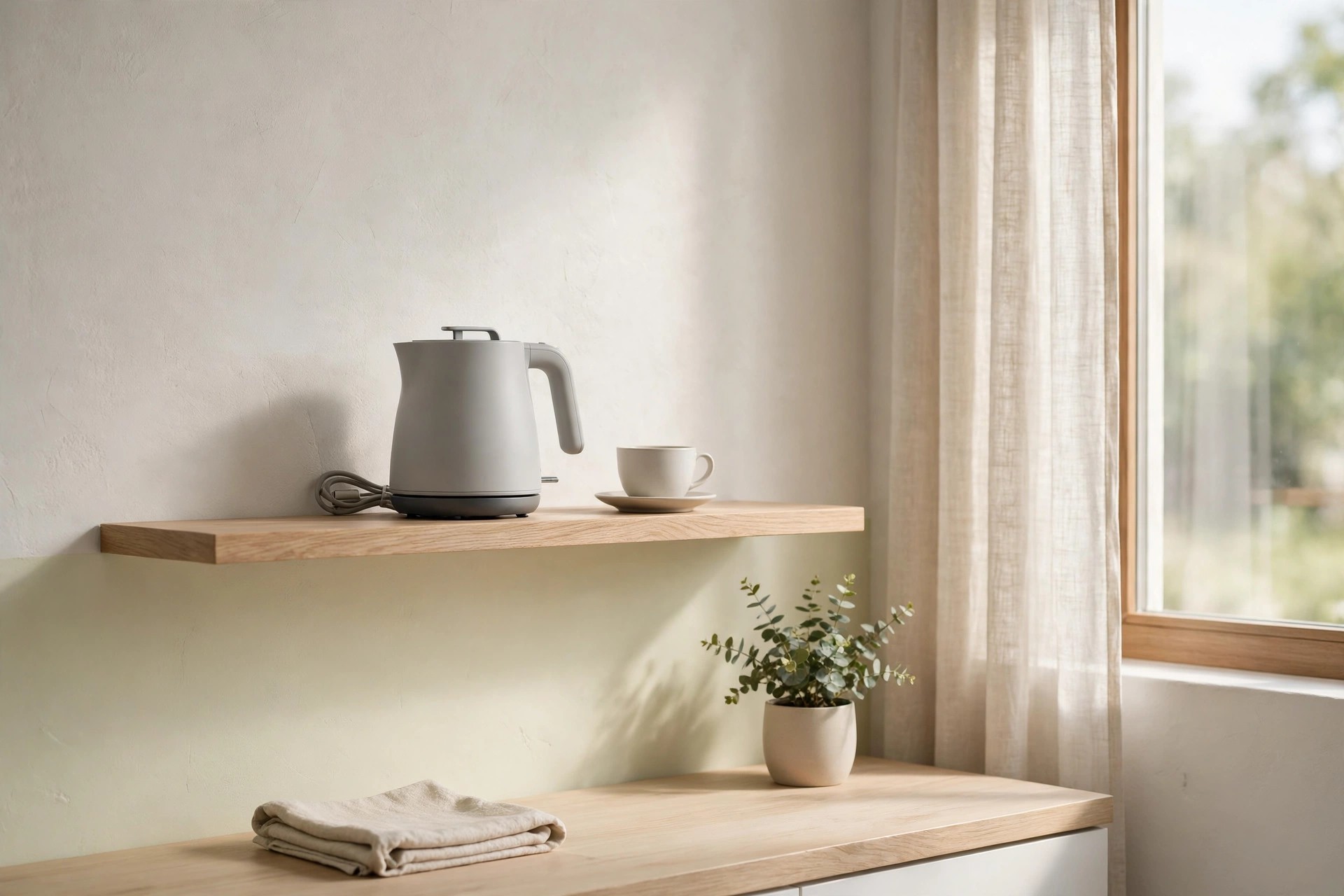 Small grey minimalist electric kettle on a wooden shelf with a teacup