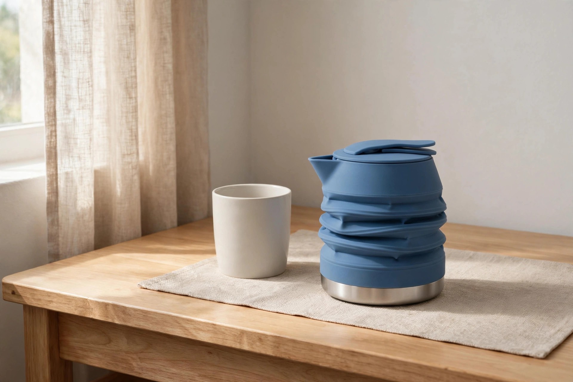 Blue foldable silicone travel kettle on a dorm desk beside a mug