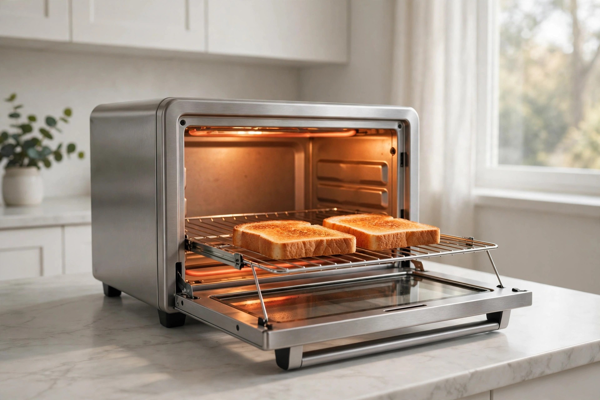 Silver compact toaster oven with its rack pulled out and toast inside