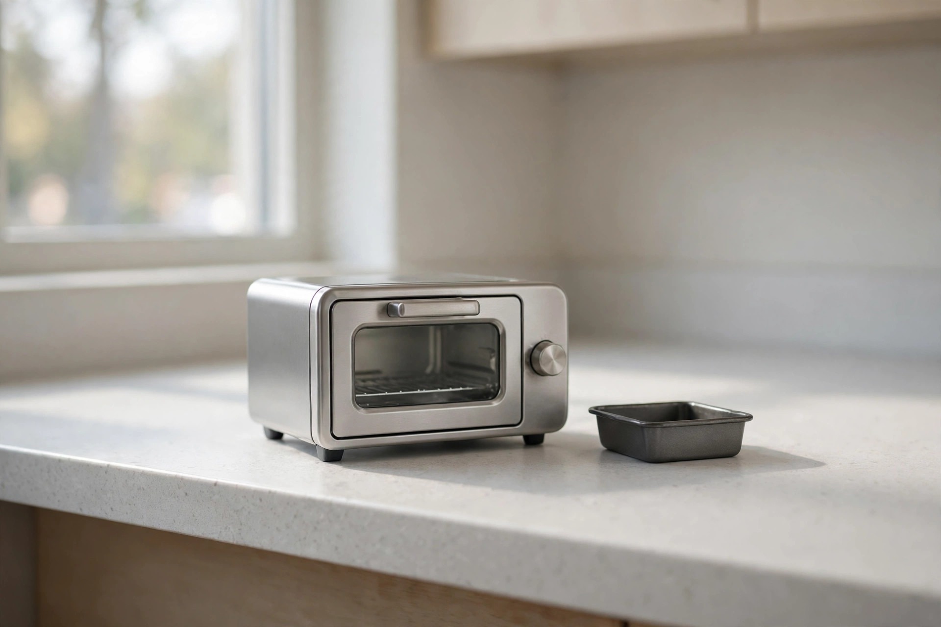 Very small personal toaster oven with a tiny baking pan beside it