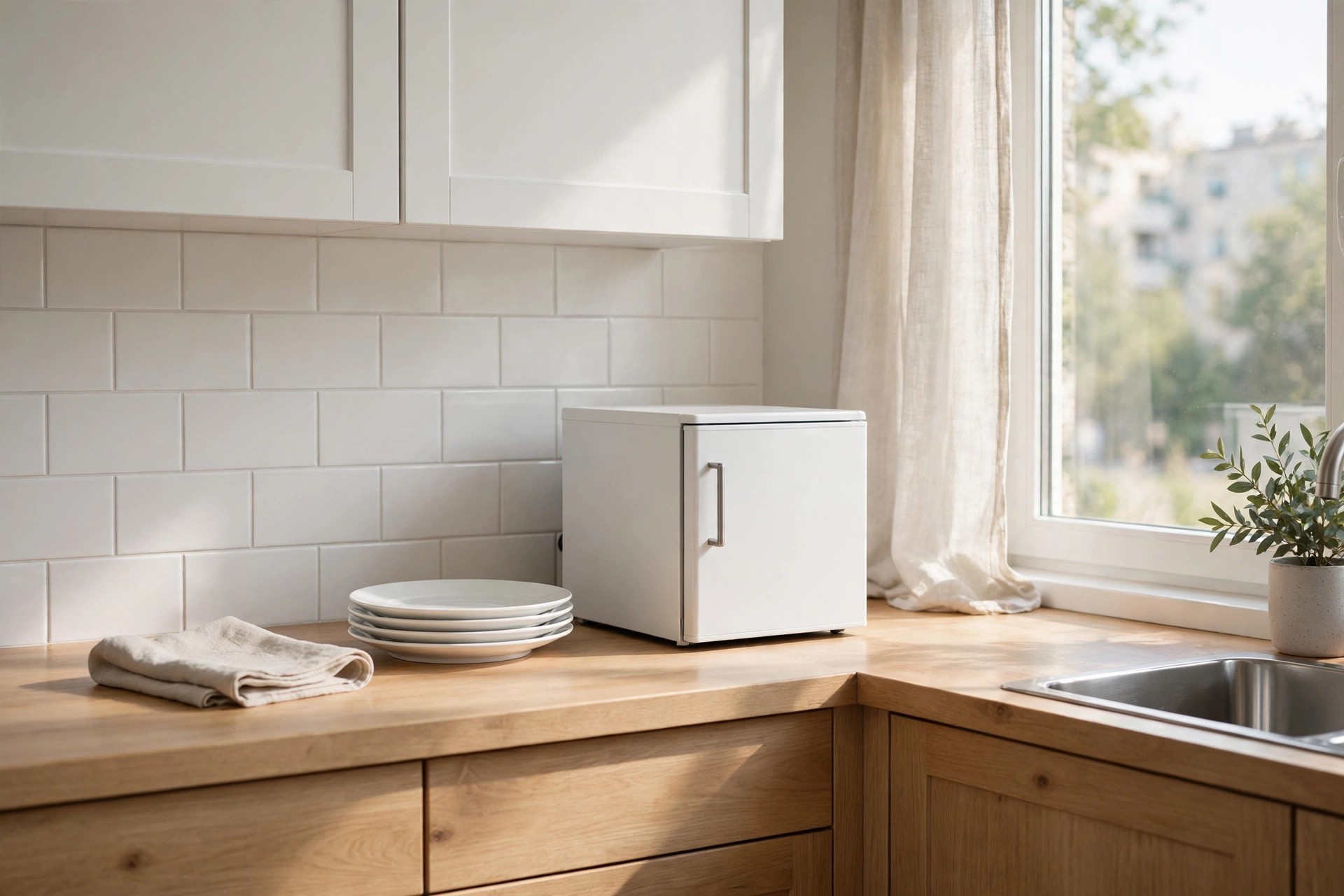 Small white countertop dishwasher beside a stack of clean plates
