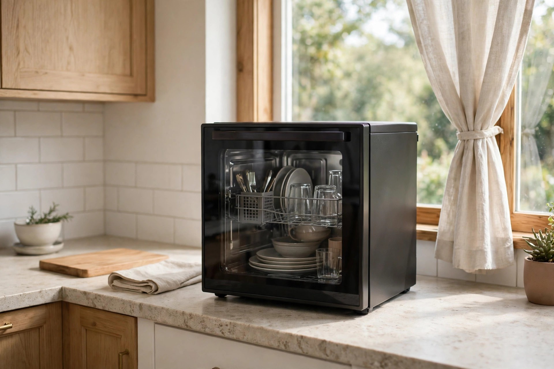 Black countertop dishwasher with a glass door showing dishes inside