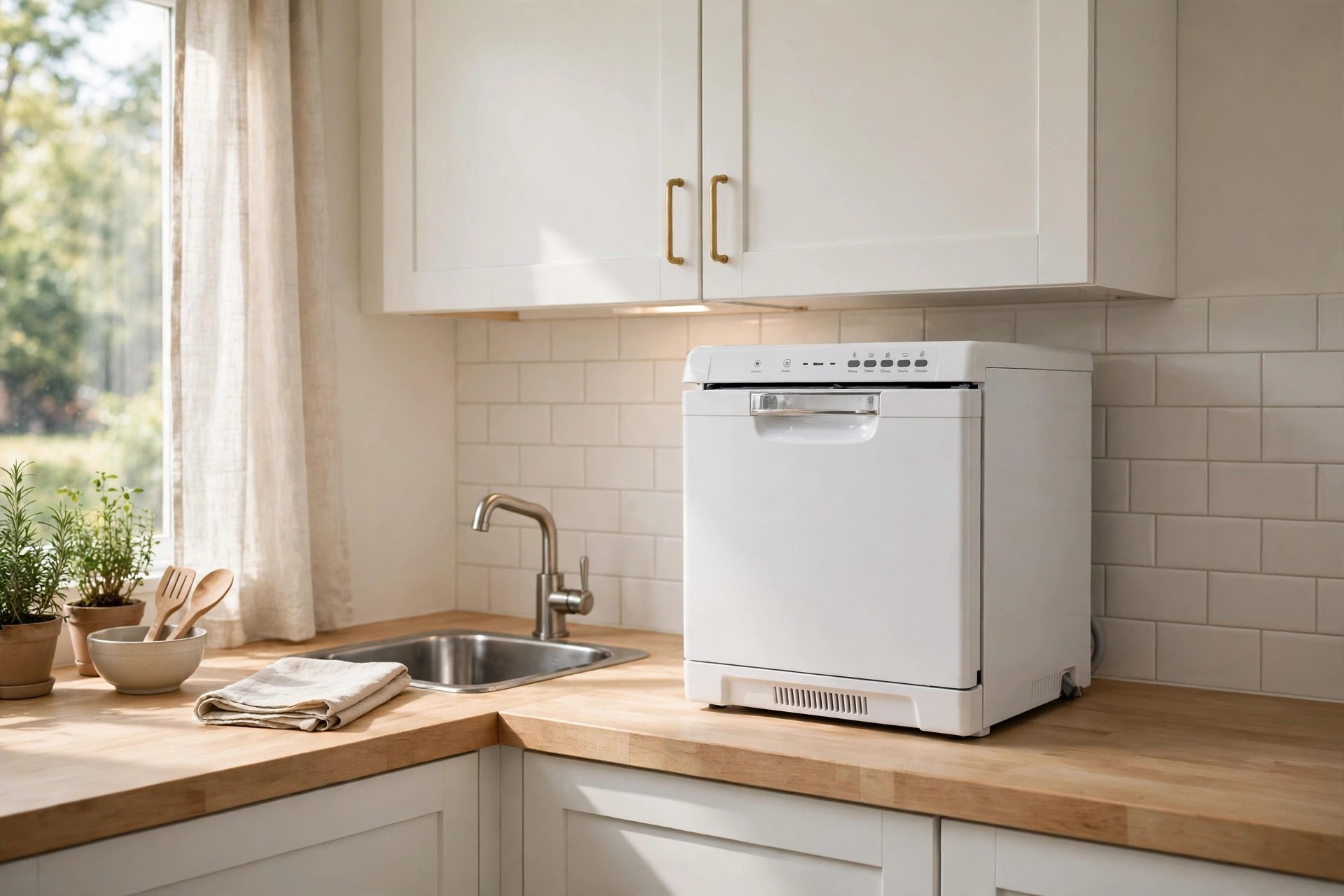 White mini countertop dishwasher under upper cabinets beside a sink