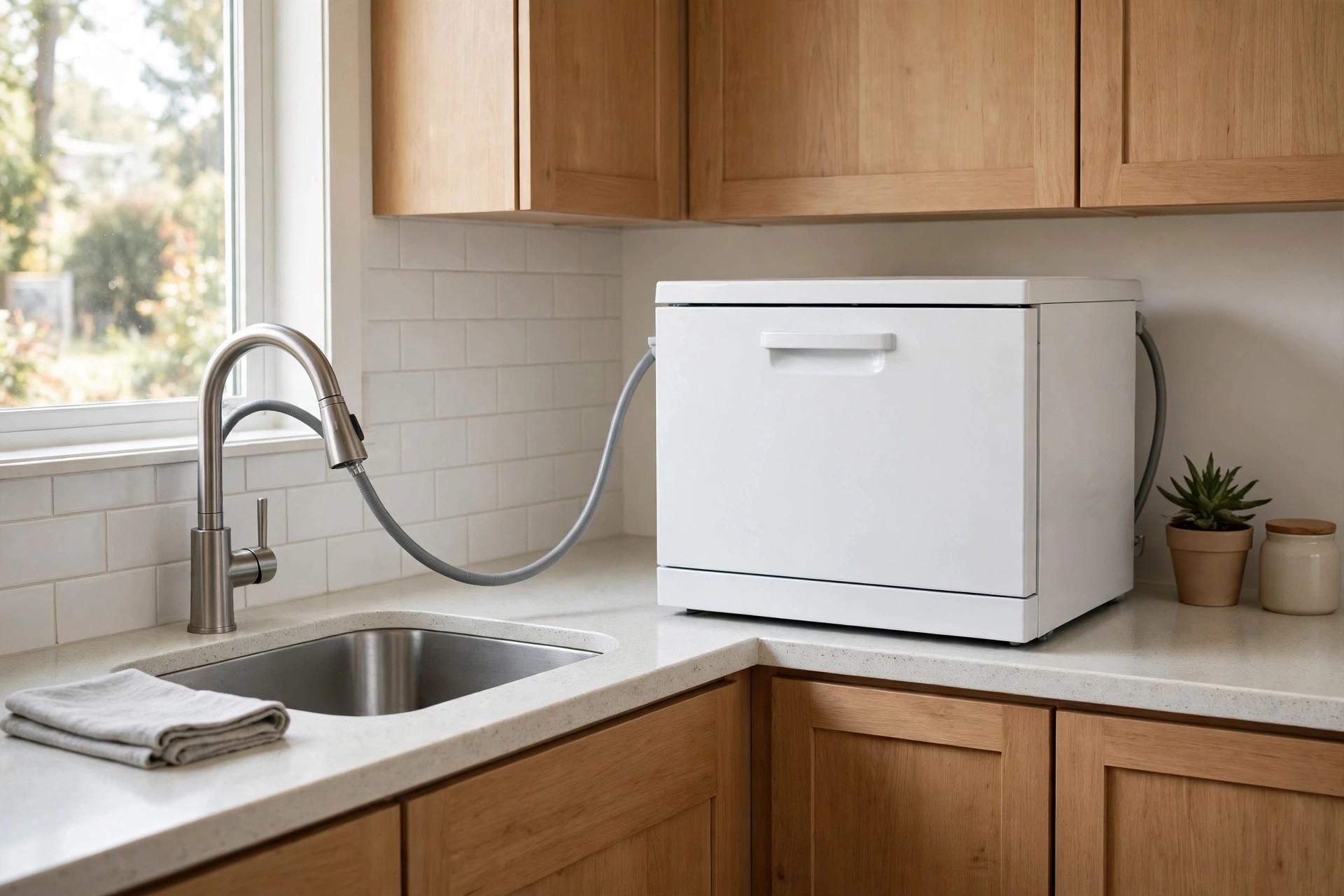 Larger white countertop dishwasher connected by a hose to the kitchen faucet