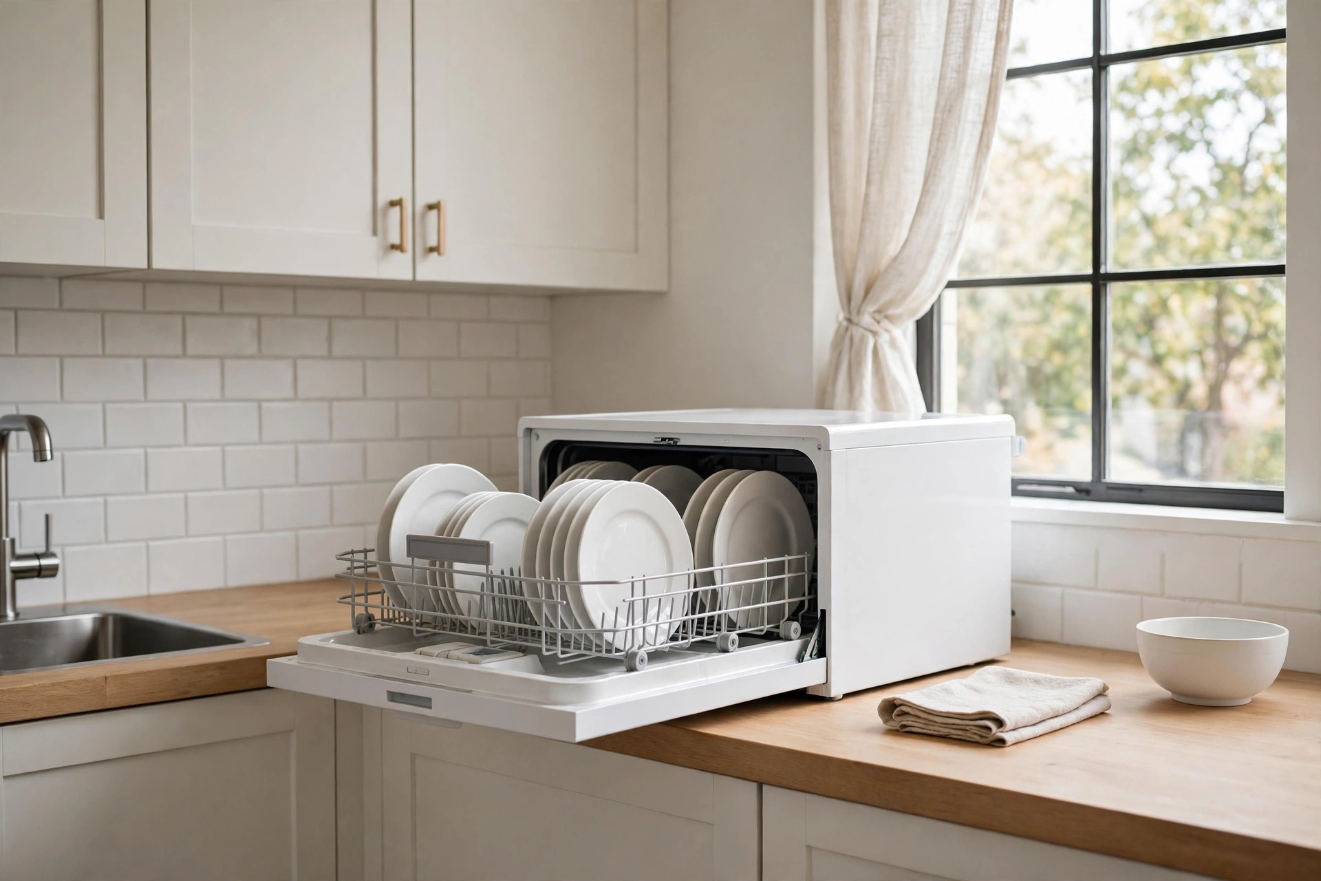 White countertop dishwasher with its plate rack pulled out