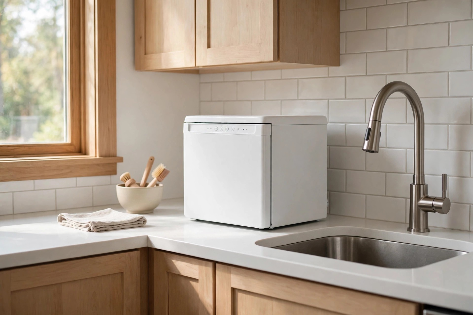 White countertop dishwasher with a control strip beside a tall faucet