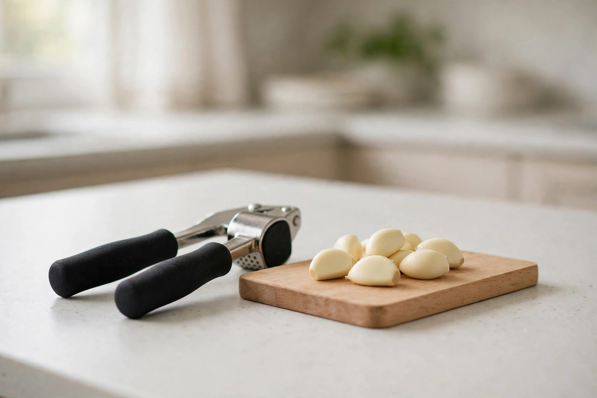 Garlic press with soft black cushioned handles beside peeled cloves on a board