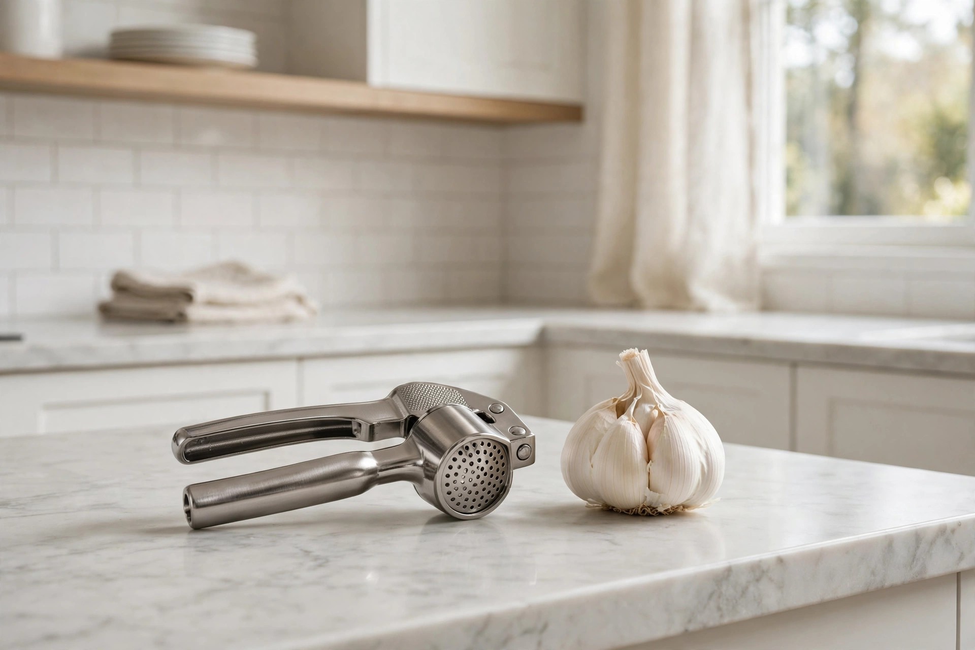 Polished stainless garlic press beside a head of garlic on a marble counter