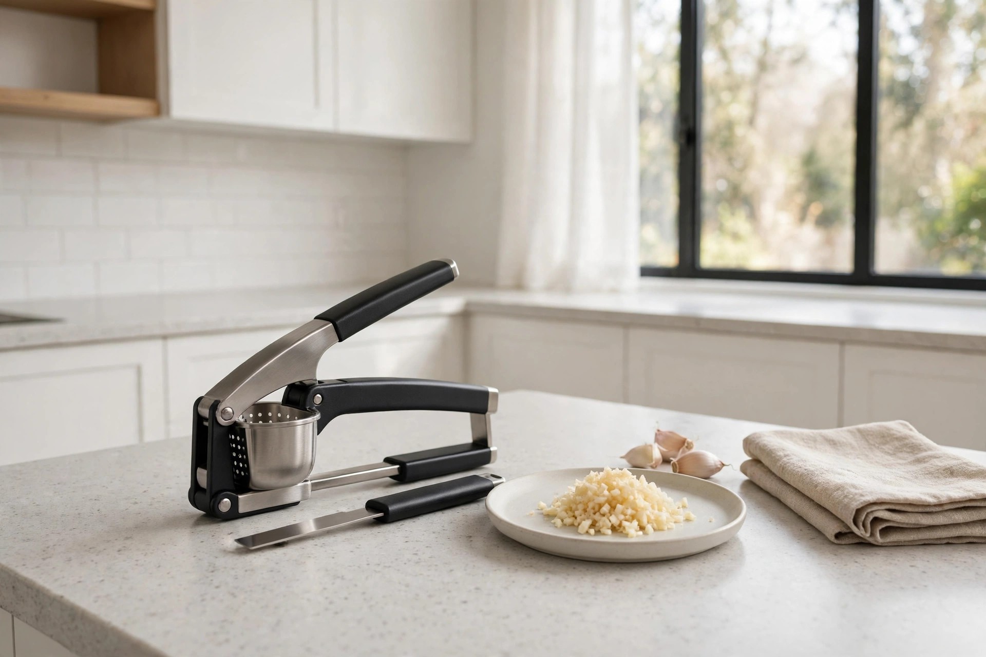 Black and steel garlic press with a plate of minced garlic on a counter
