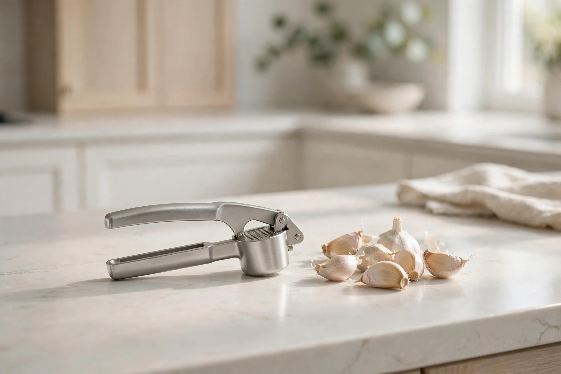 Lightweight silver garlic press beside garlic cloves on a white counter