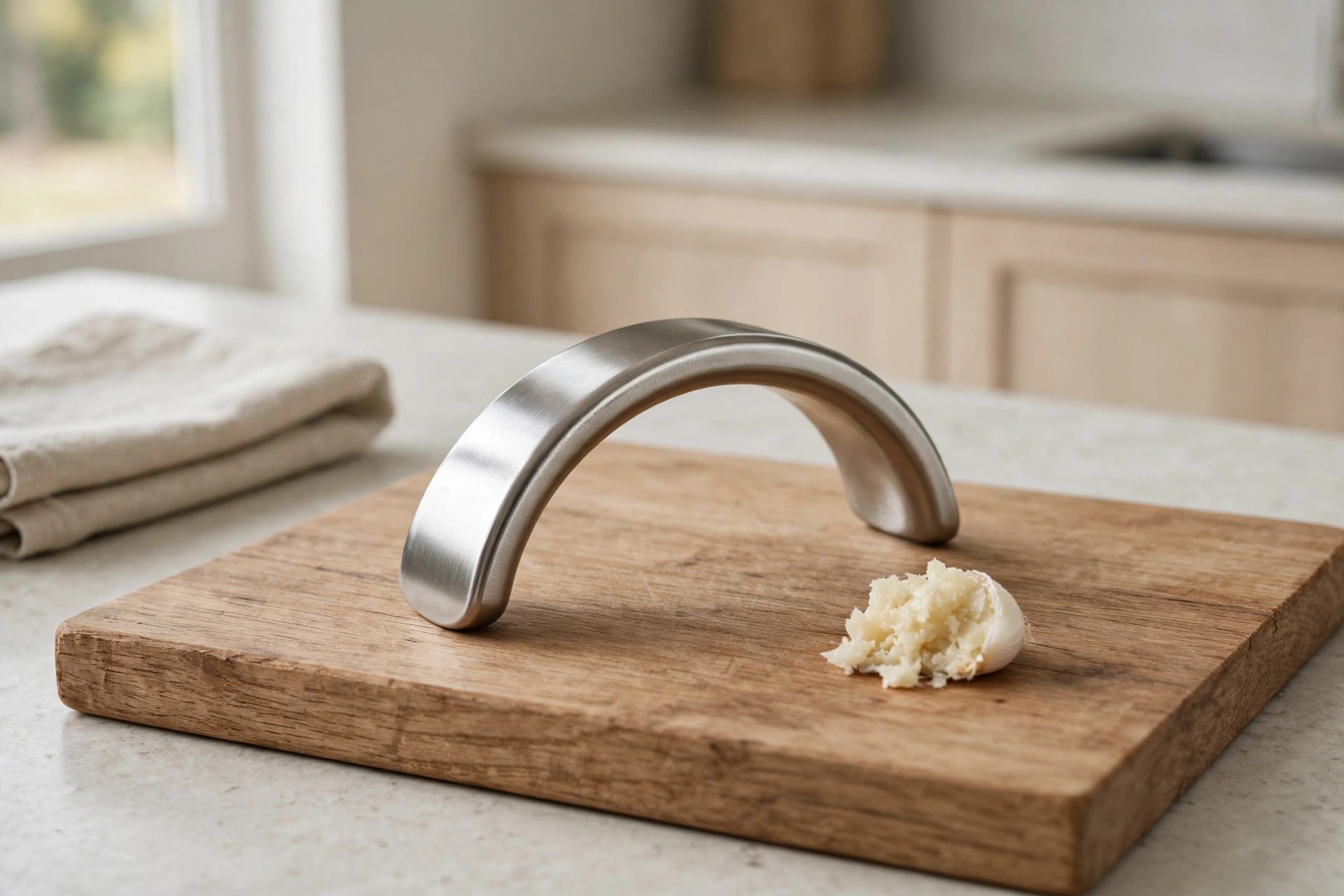 Curved stainless garlic rocker on a wooden board with crushed garlic
