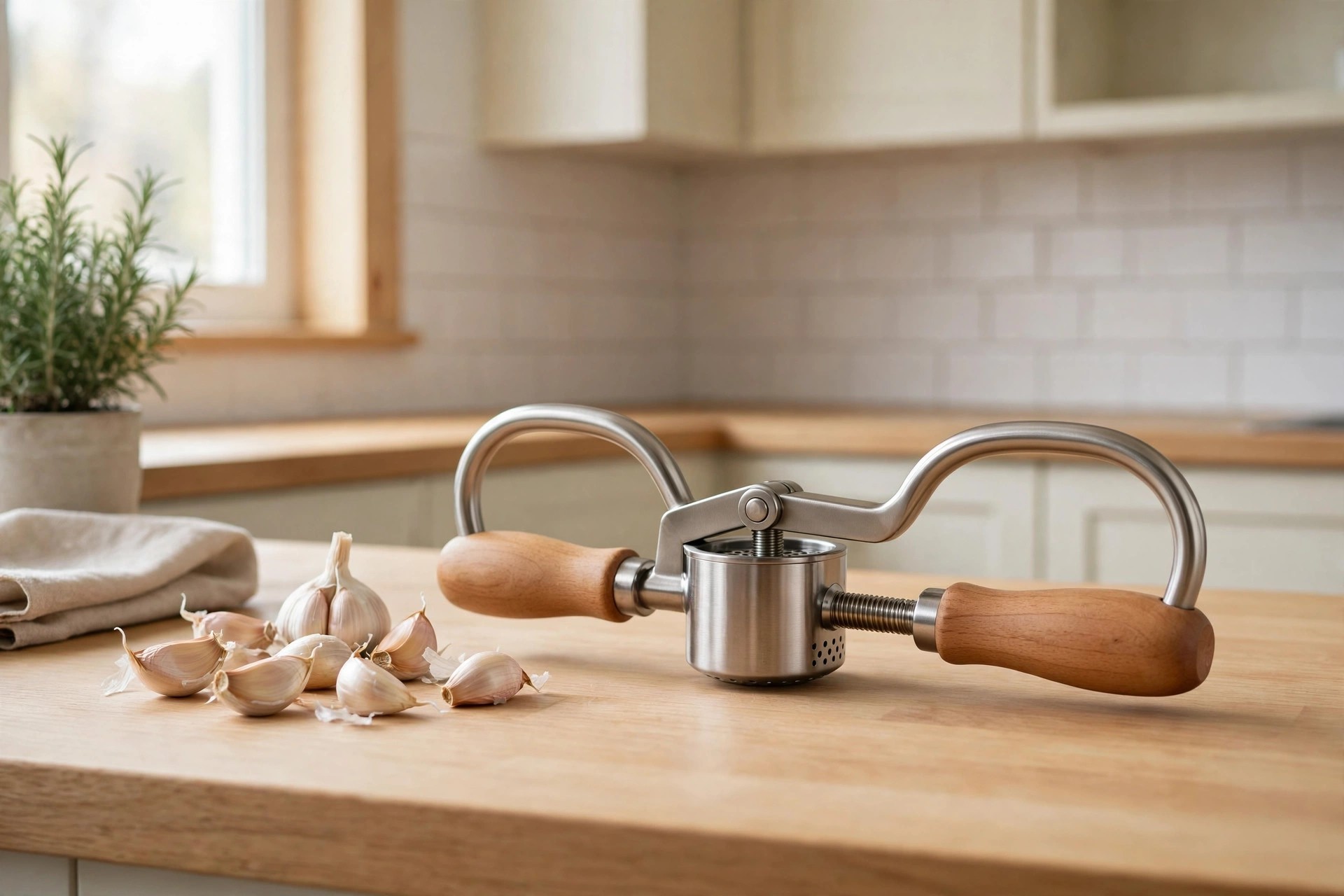 Horizontal twist garlic press with wooden handles beside garlic cloves