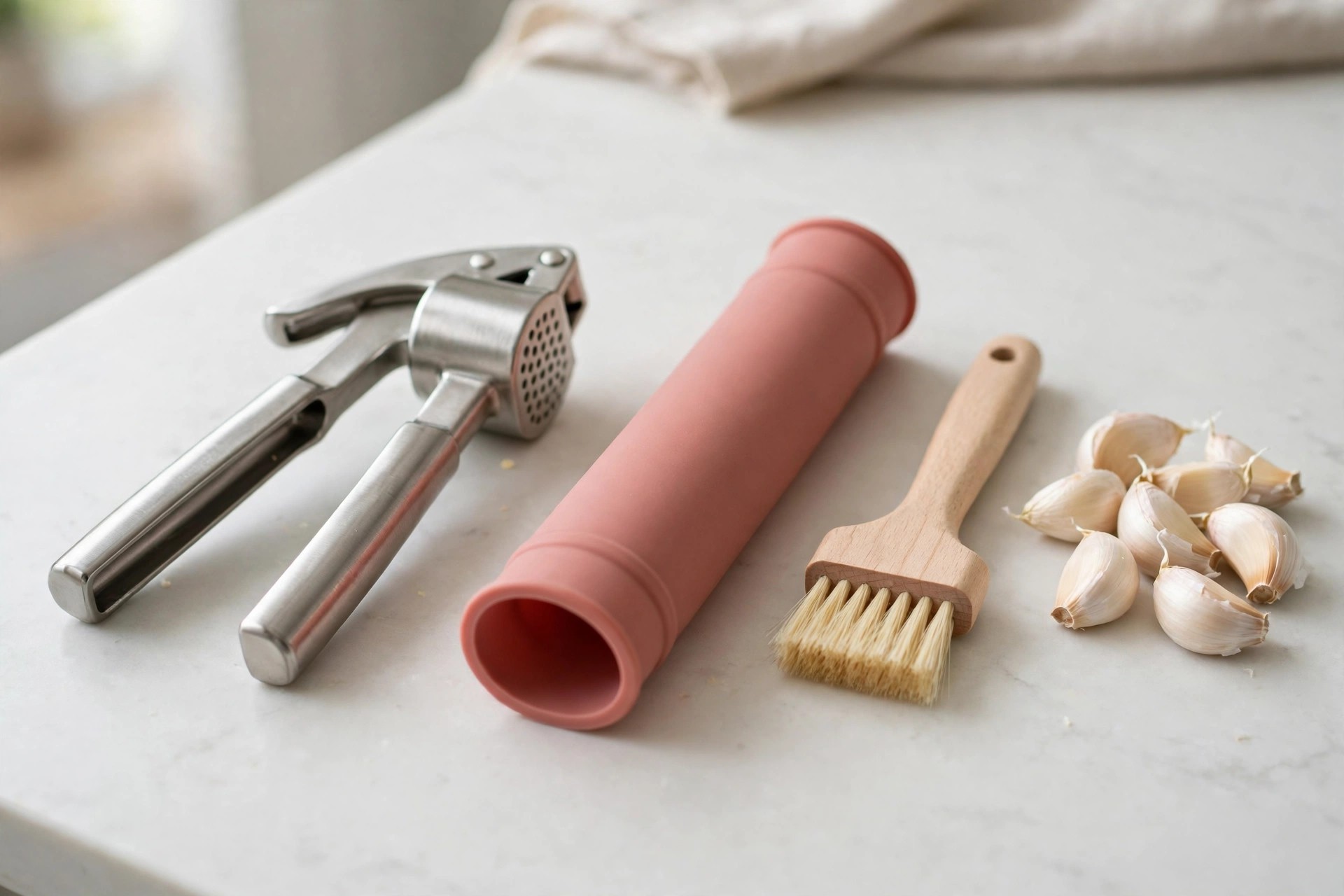 Garlic press with a pink silicone peeler tube and cleaning brush as a set