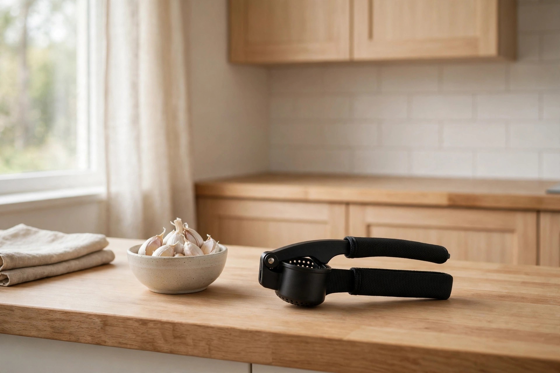 Light black nylon garlic press beside a bowl of garlic cloves