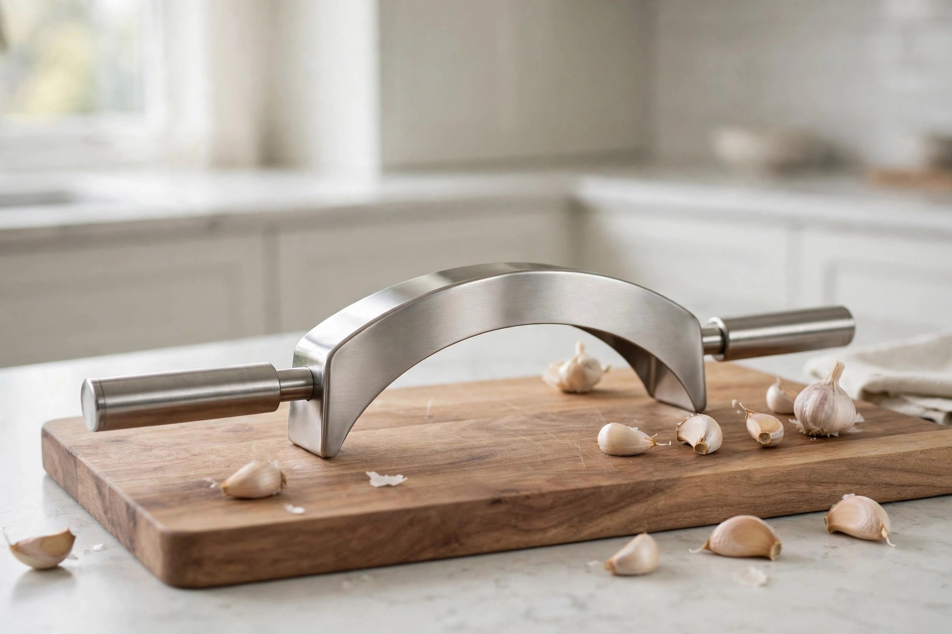 Wide stainless garlic rocker with grip handles on a wooden board