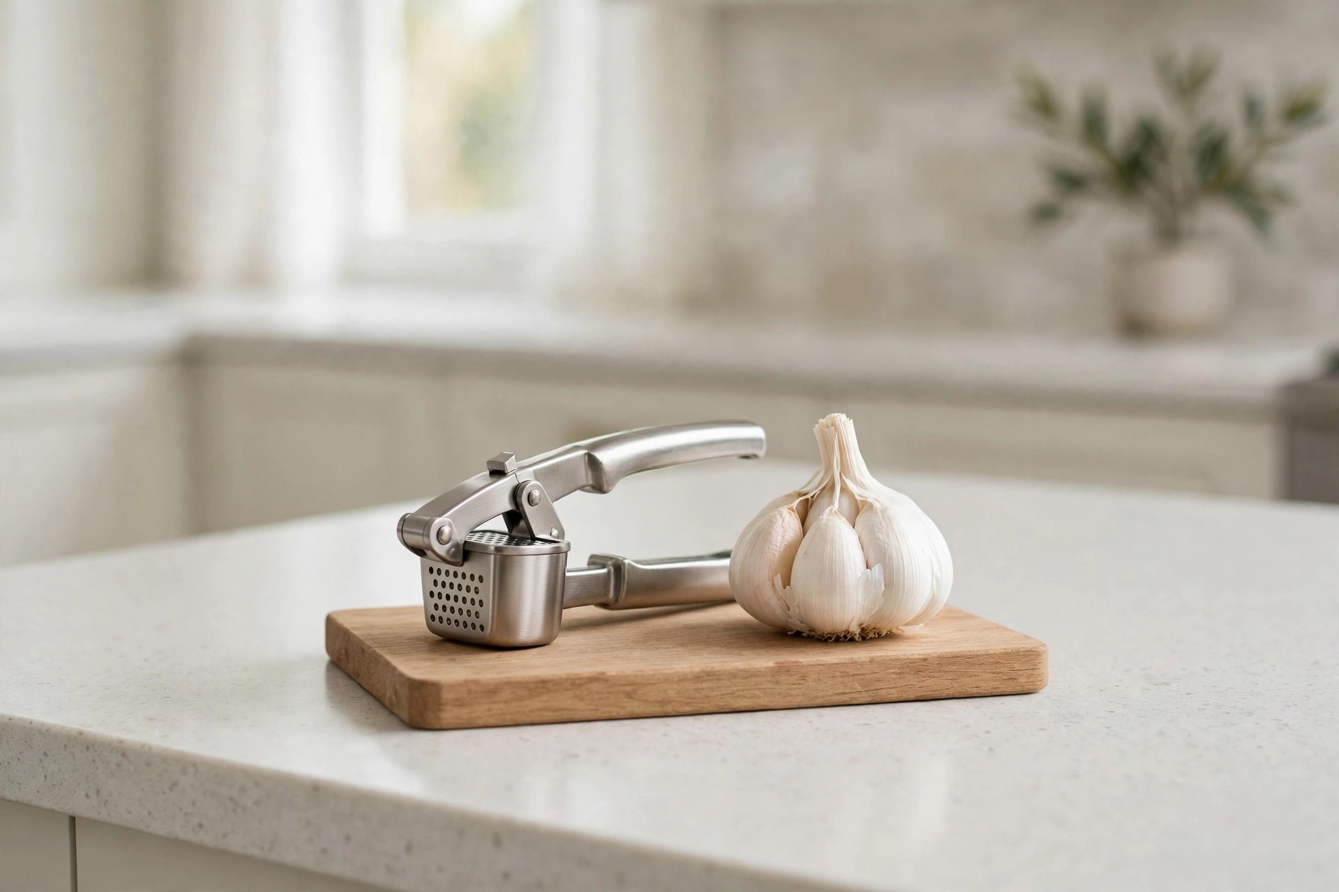 Plain stainless garlic press on a small board beside a garlic bulb