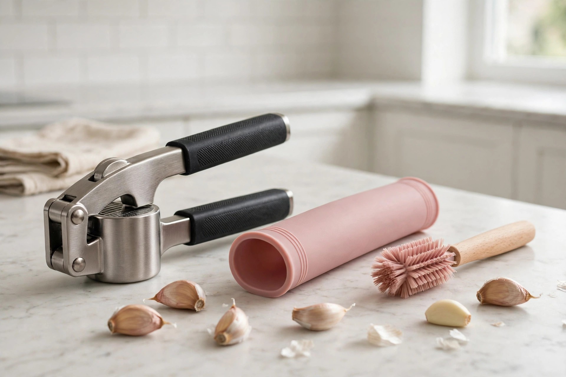 Heavy garlic press with peeler tube and brush arranged as a set