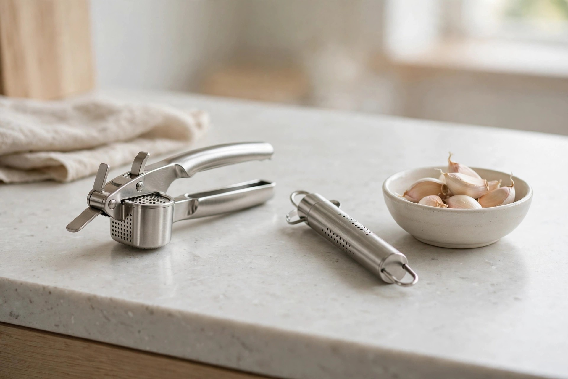Stainless garlic press with a matching steel peeler tool and a bowl of cloves