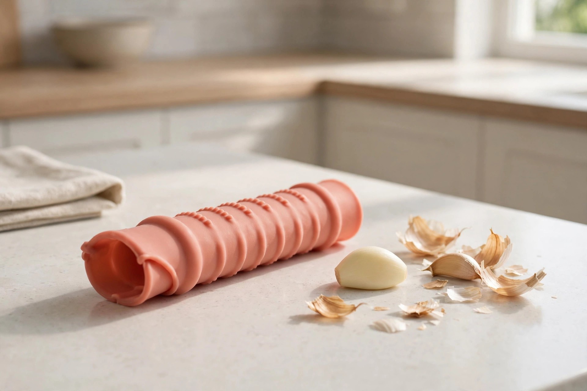 Pink silicone garlic peeler tube with a peeled clove and loose skins