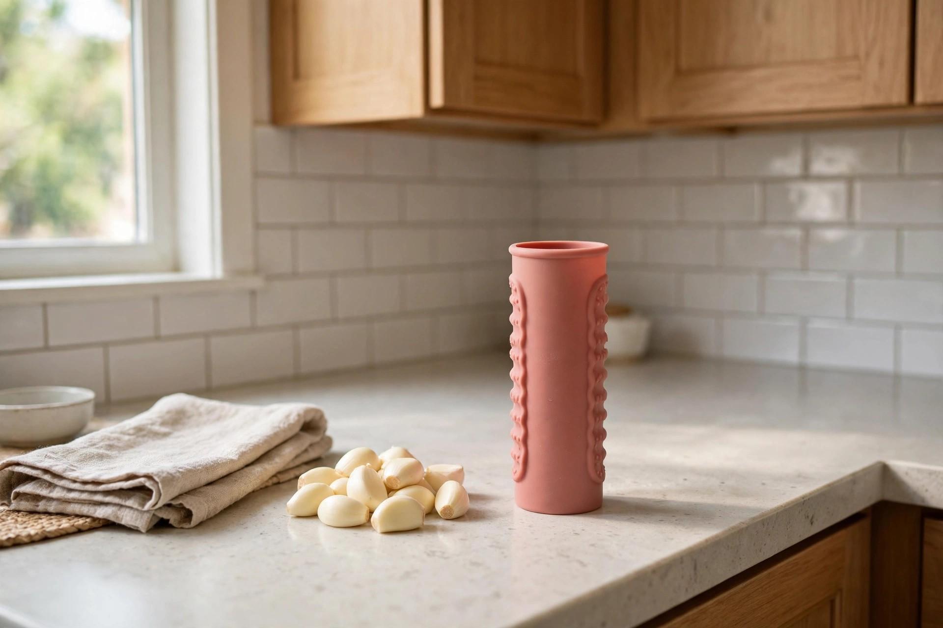 Silicone garlic peeler tube standing beside peeled garlic cloves