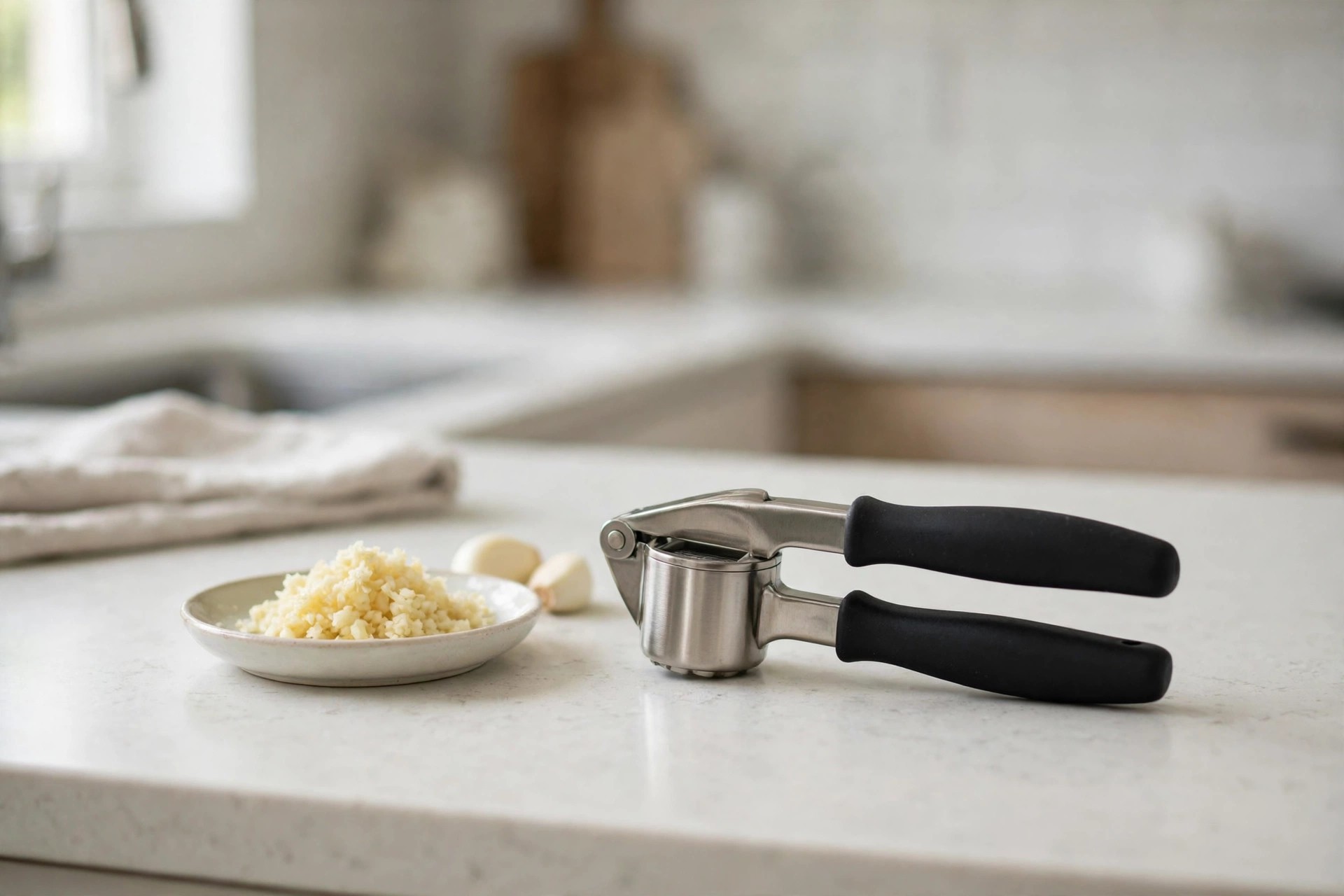 Classic garlic press with black handles beside a dish of minced garlic