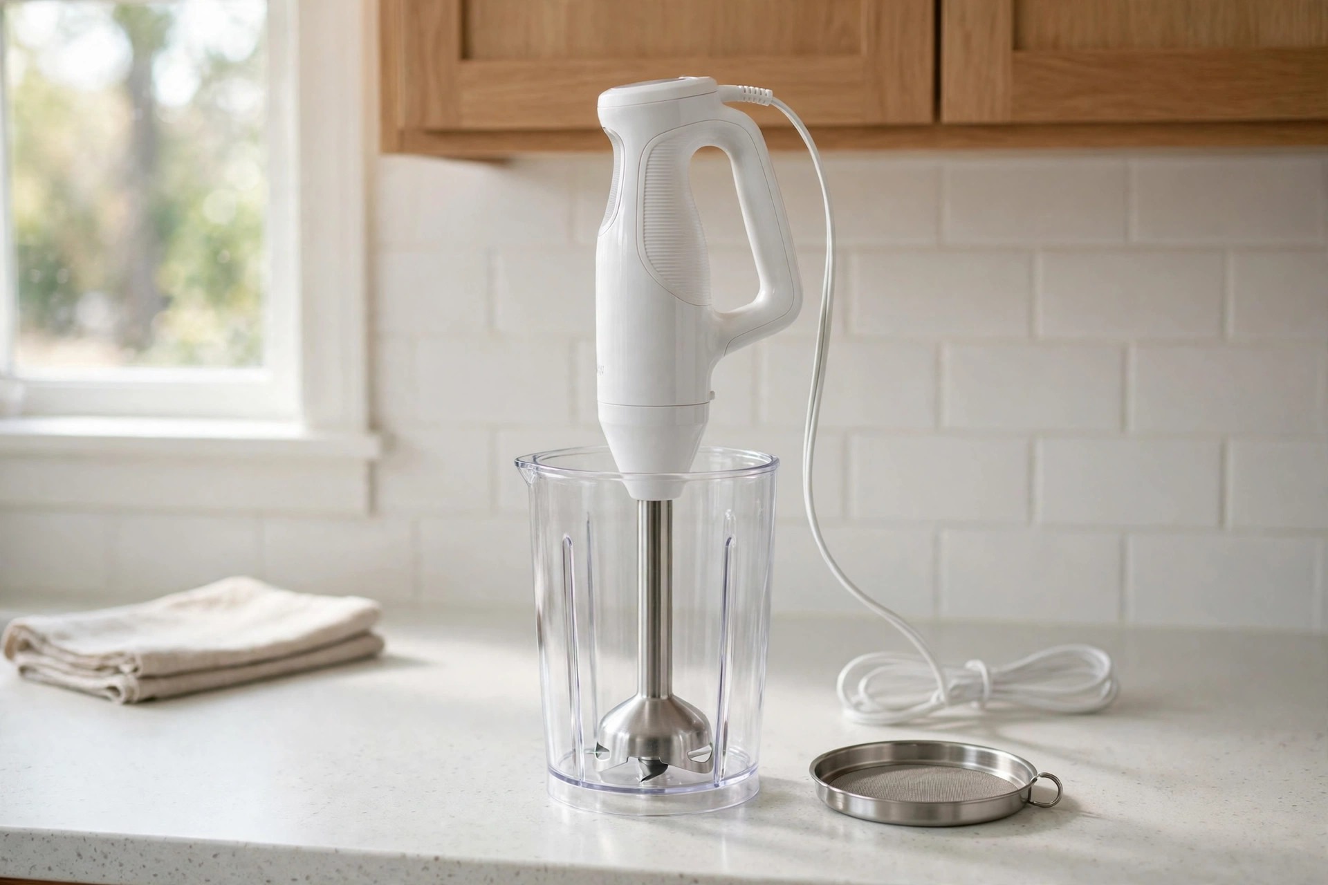 White corded immersion blender standing in its blending jar with a pan guard beside it