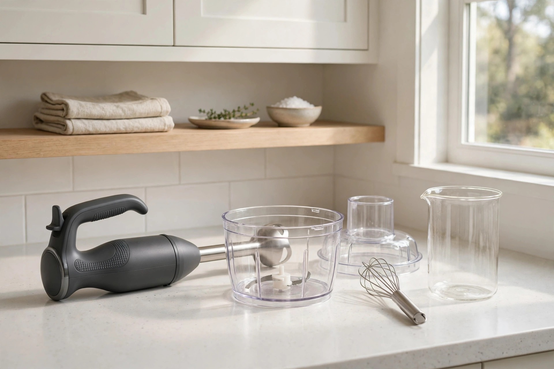 Dark gray immersion blender with chopper bowl, whisk and beaker