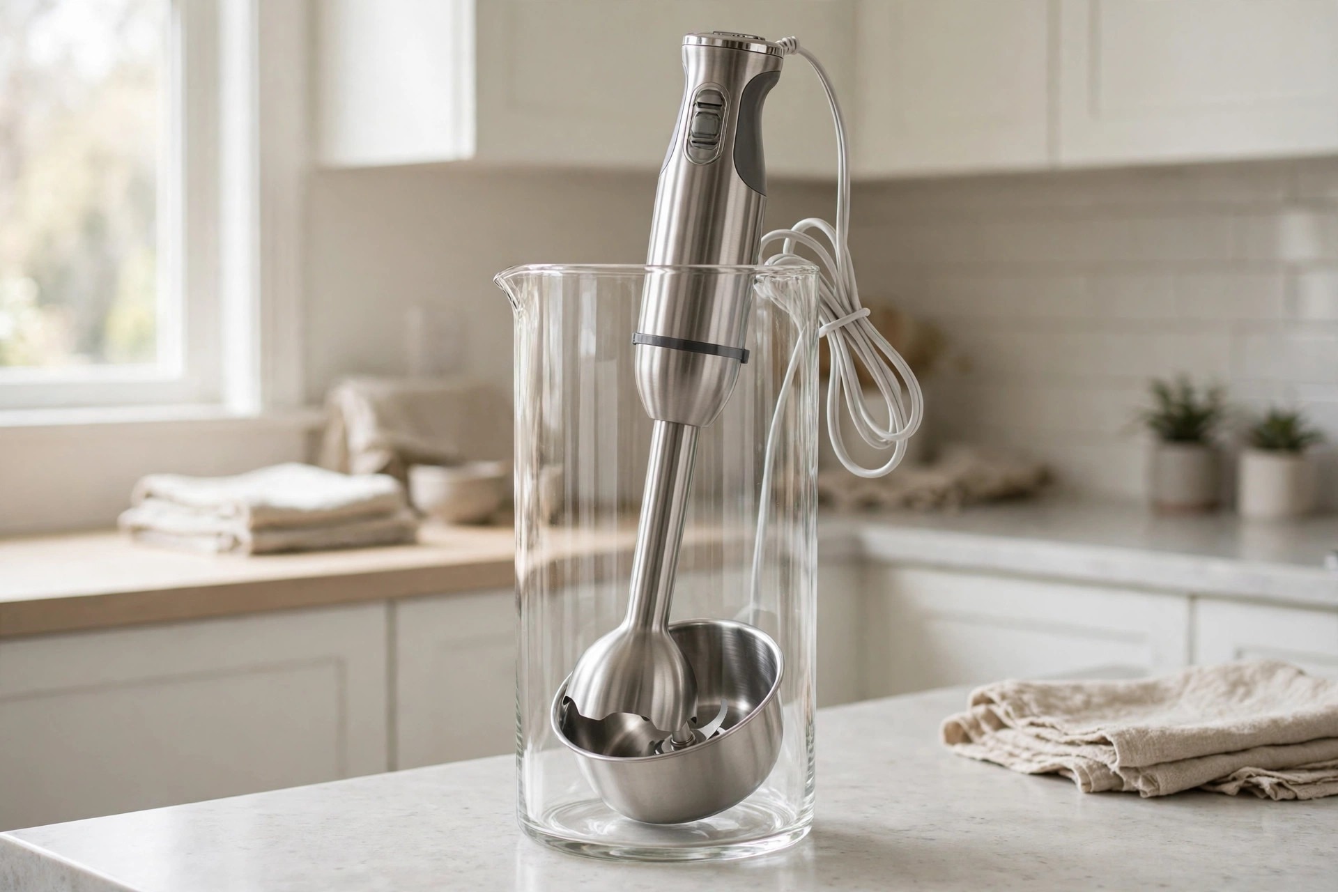 Stainless immersion blender standing in a tall jug with a chopping bowl