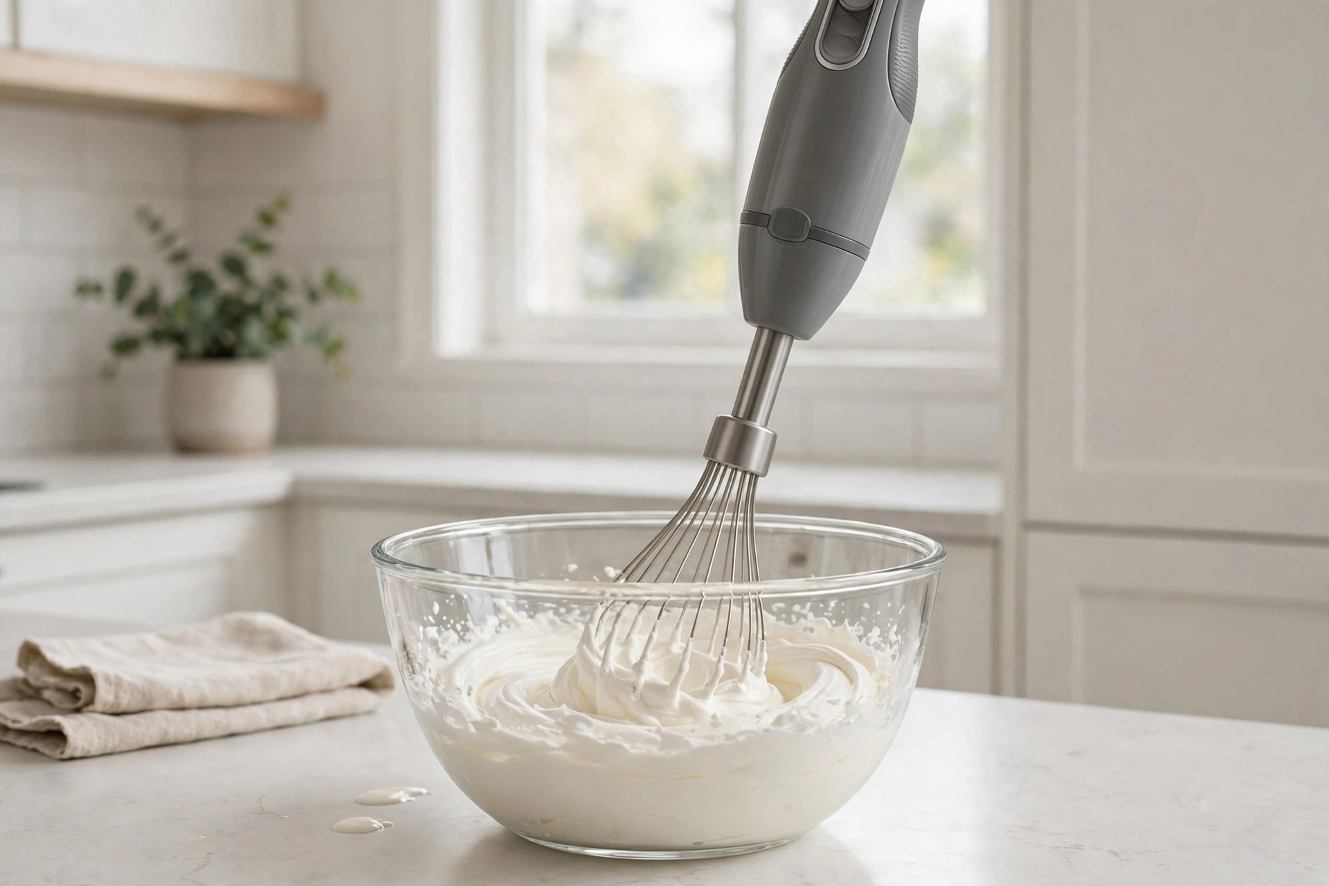 Immersion blender with a whisk attachment whipping cream in a glass bowl
