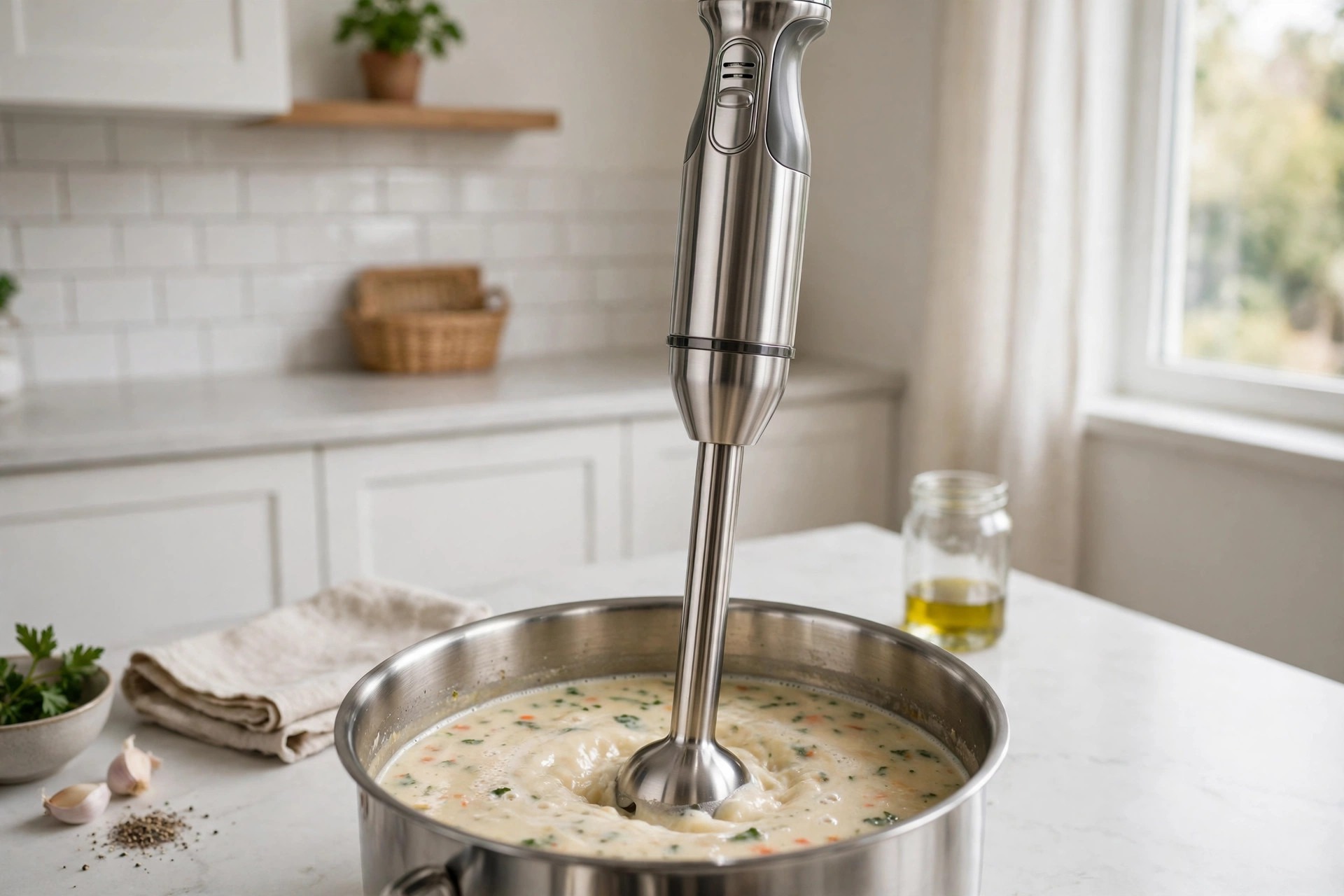 Stainless immersion blender with a long shaft blending soup in a deep pot
