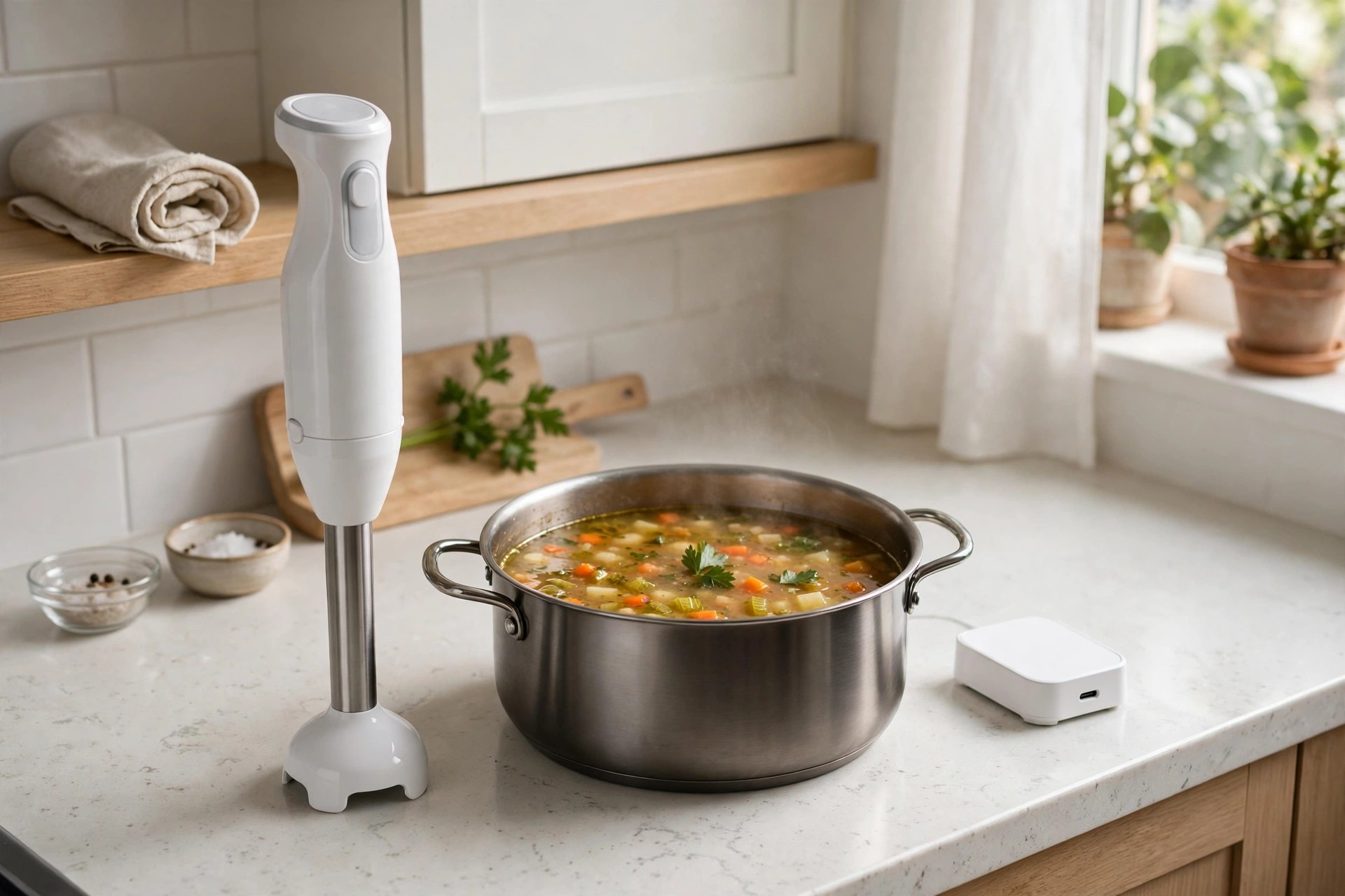 Cordless white immersion blender beside a pot of soup and its charger