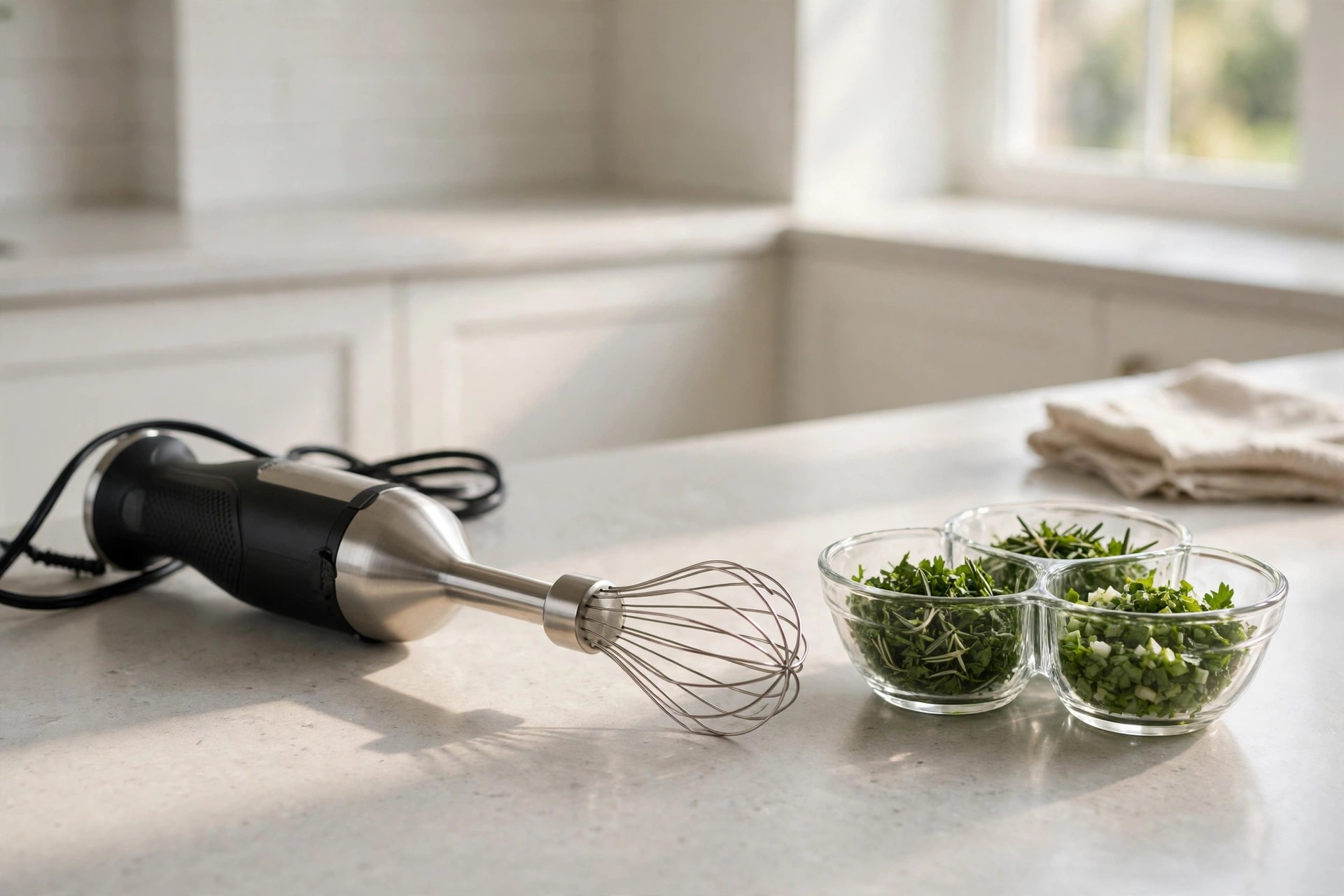 Immersion blender with whisk and small bowls of chopped herbs