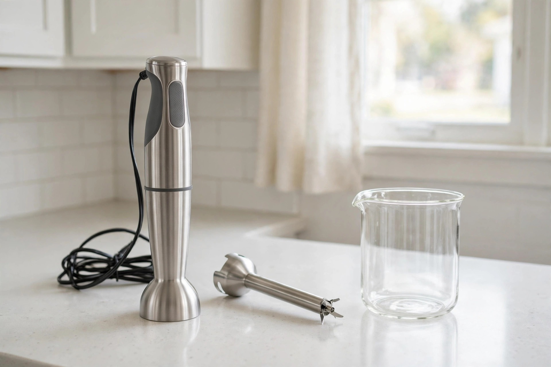 Slim stainless immersion blender with detached shaft and mixing beaker