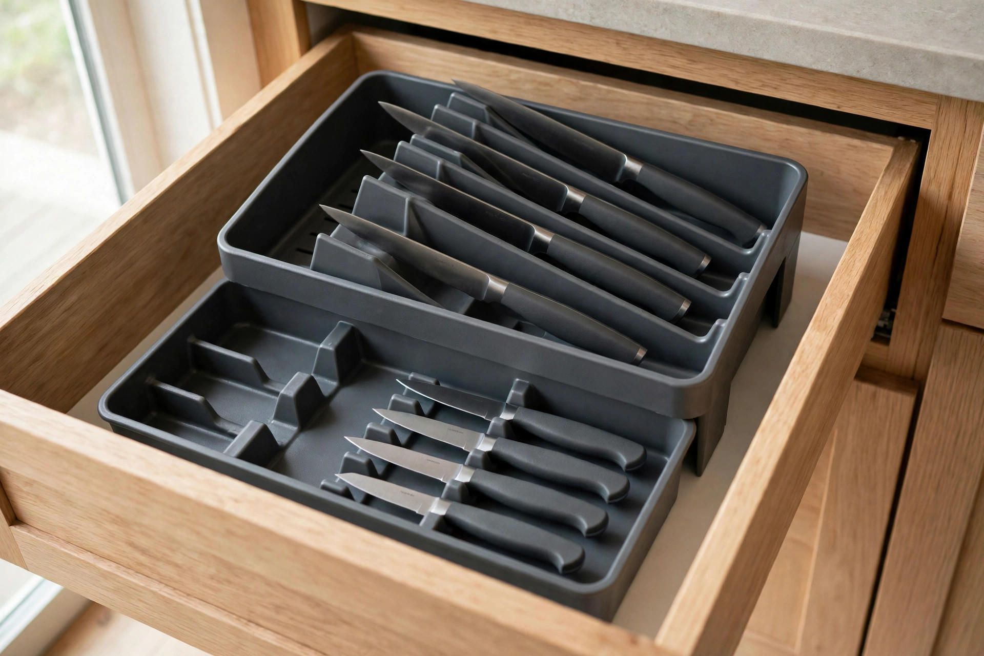 Dark grey plastic two-tier knife organizer in a drawer, large knives on the upper tier and small knives below