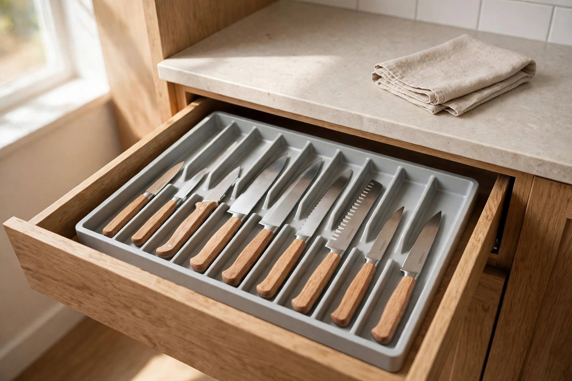Light grey plastic knife drawer organizer with angled slots holding nine knives