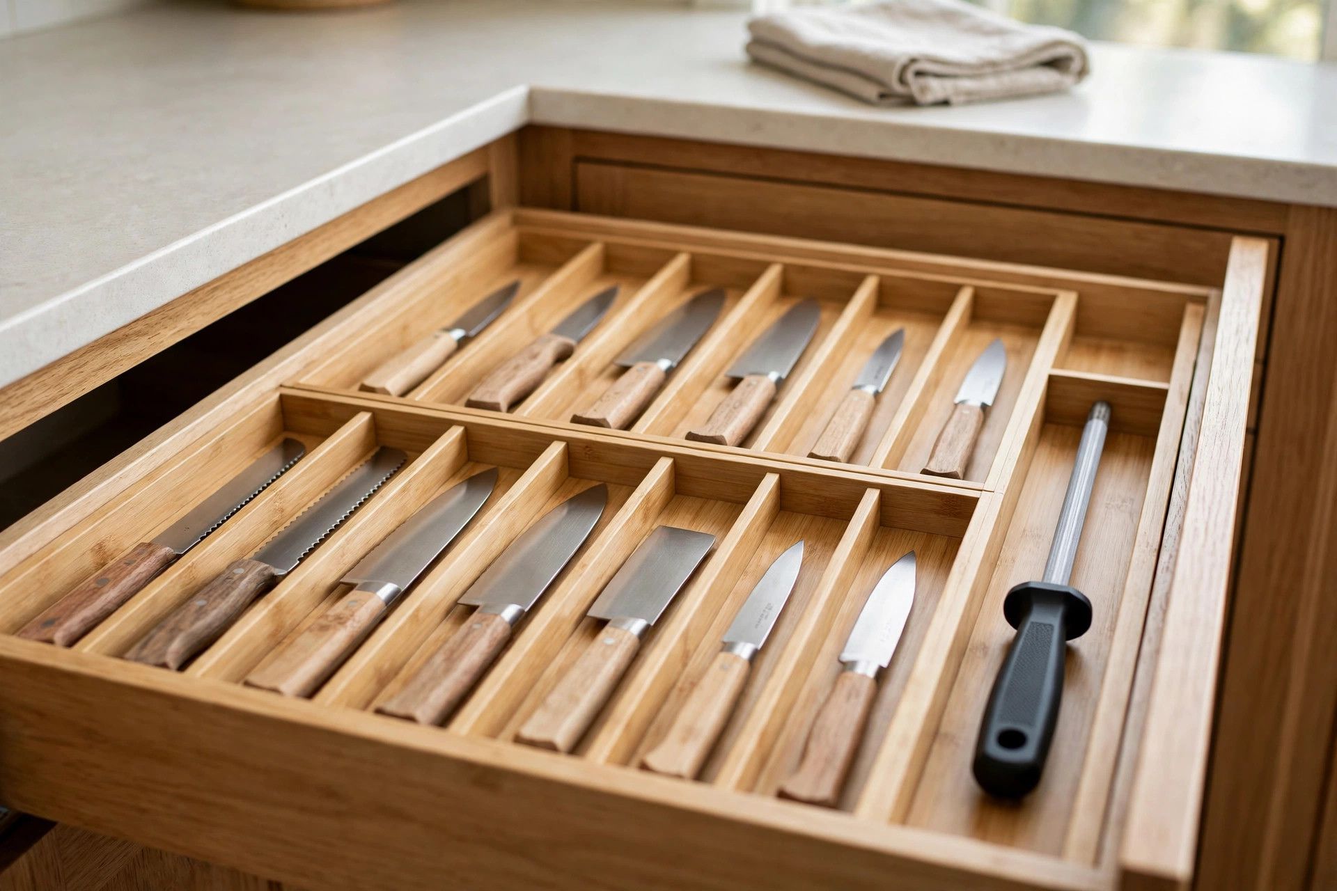 Bamboo in-drawer knife tray filled with knives and a honing steel in an end compartment
