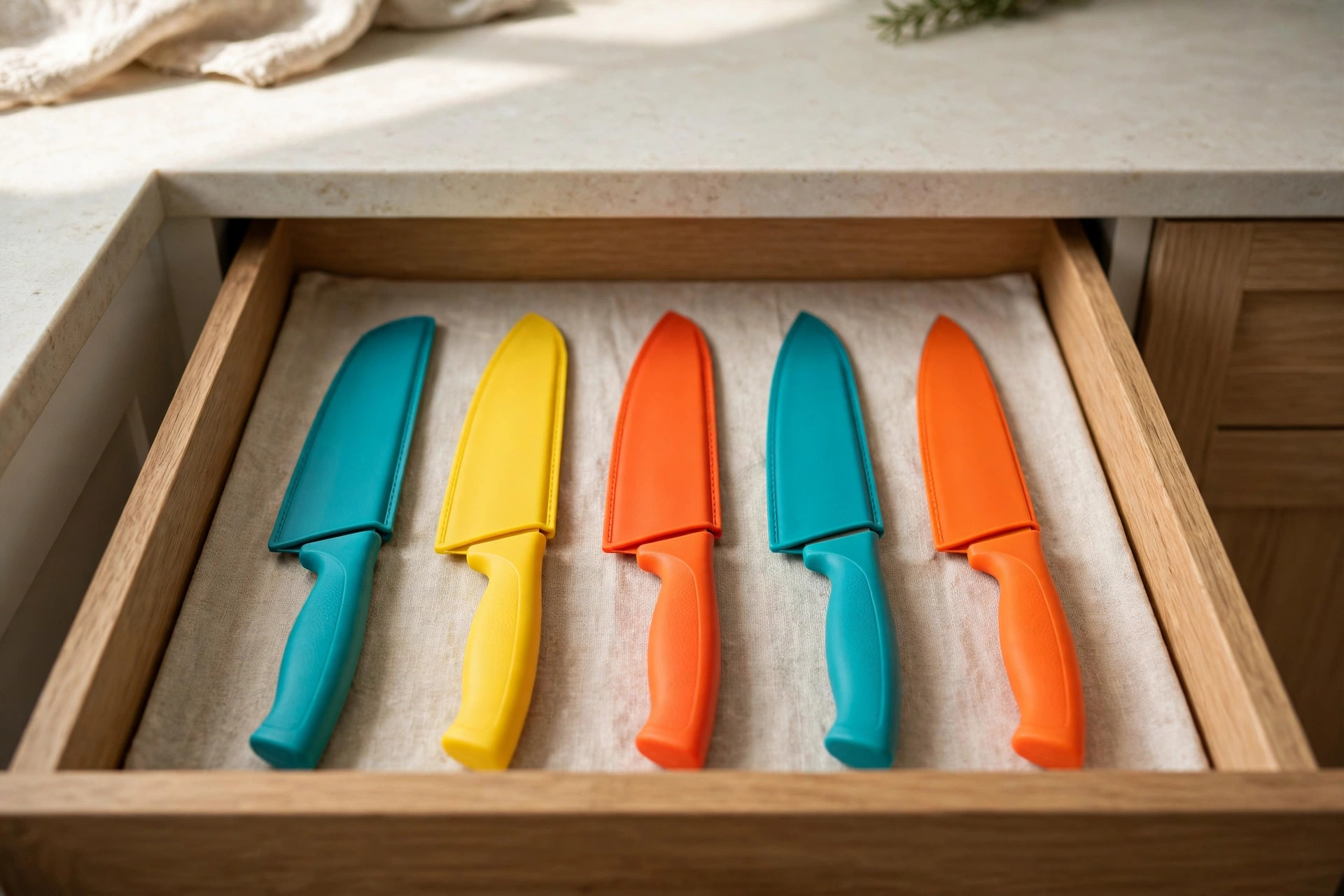Five bright colored knives with matching safety sheaths in a row inside an open drawer