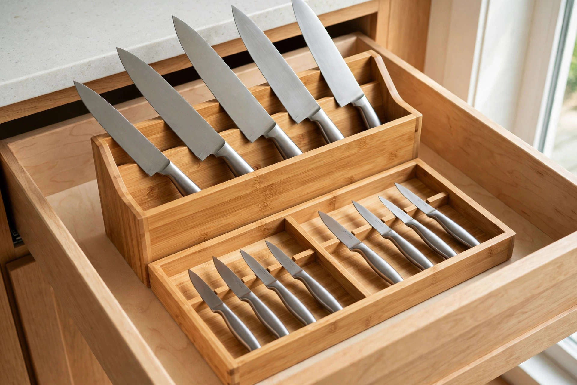 Bamboo two-tier knife organizer in a drawer, large knives raised at the back and small knives in front