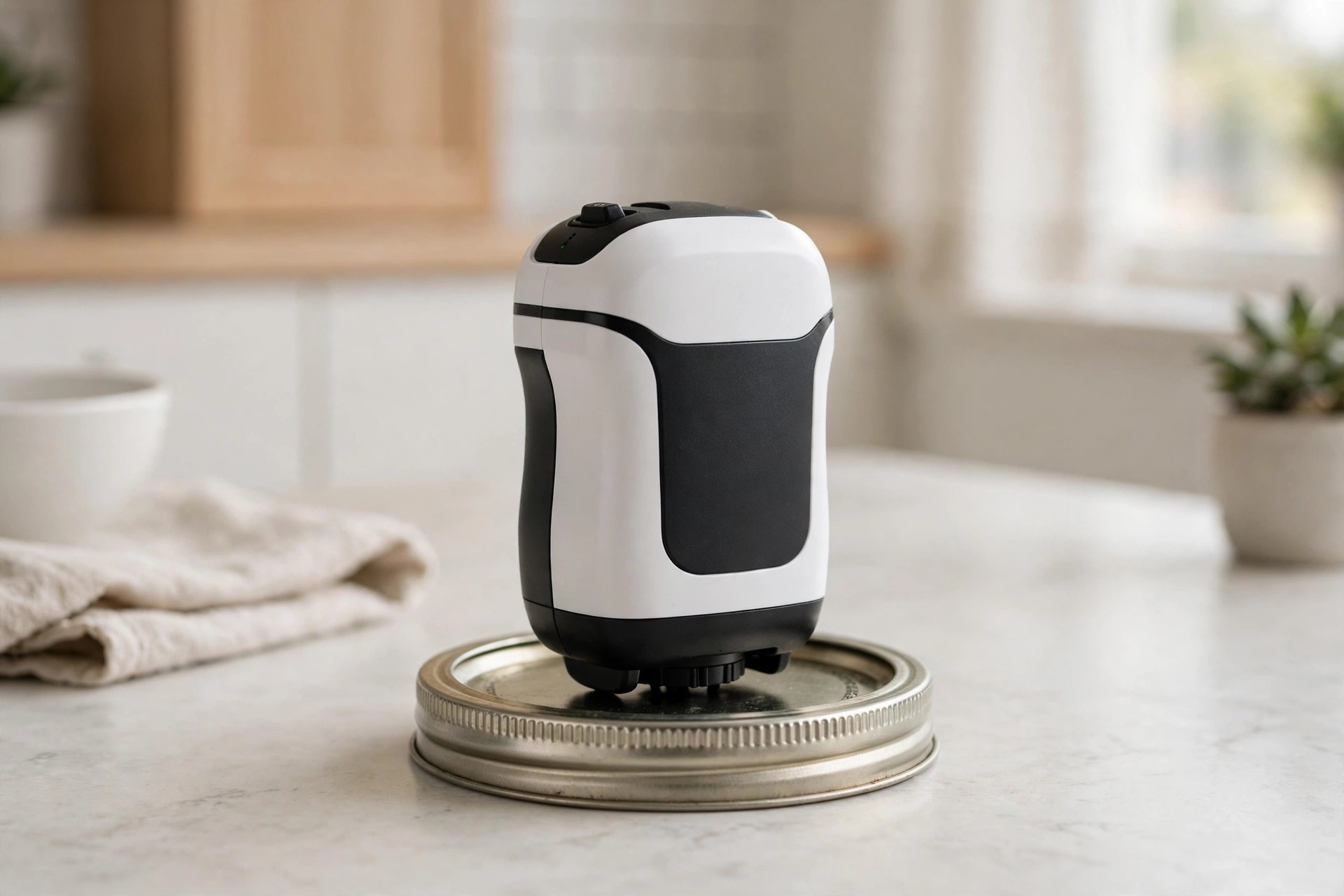 Small white electric jar opener sitting on top of a jar lid